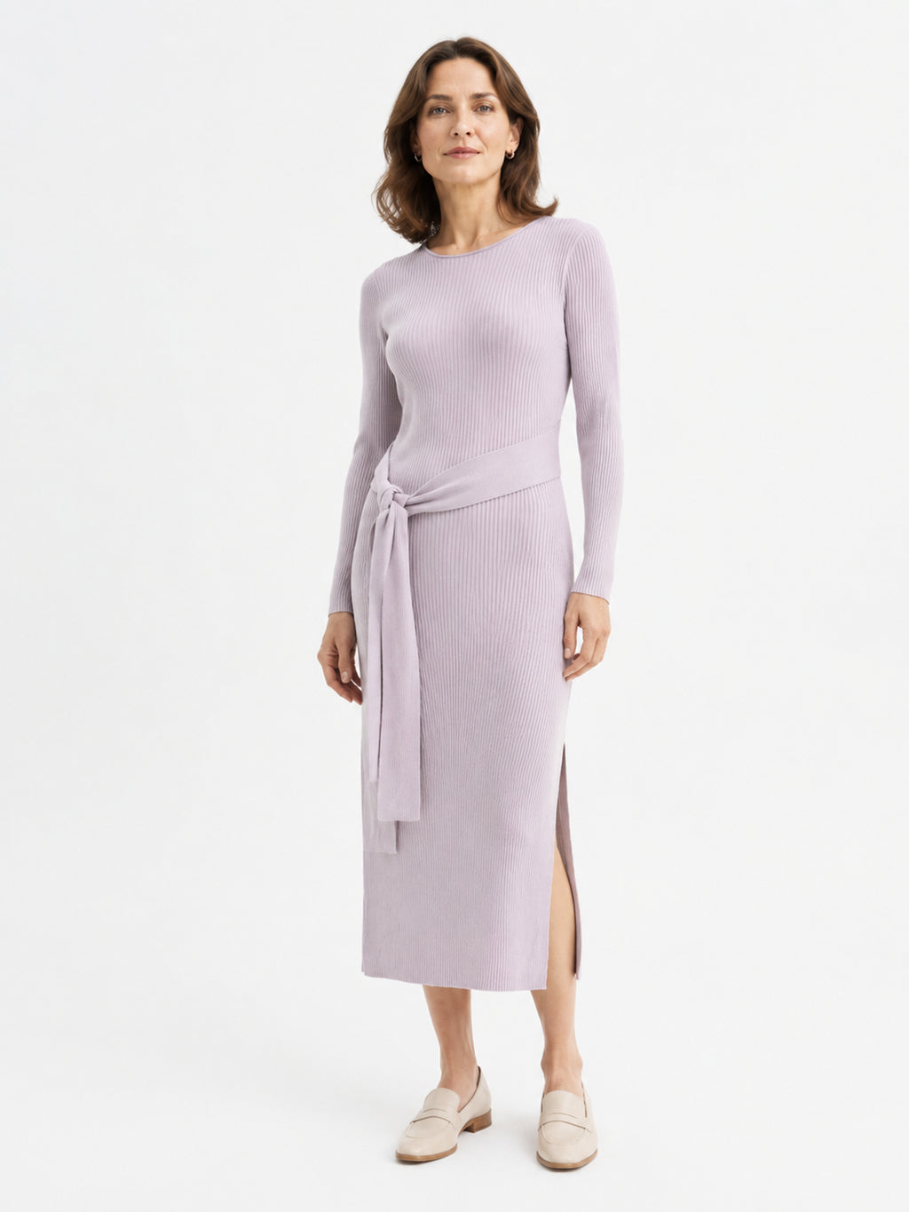 MY012 purple ribbed side-slit sweater dress front model view