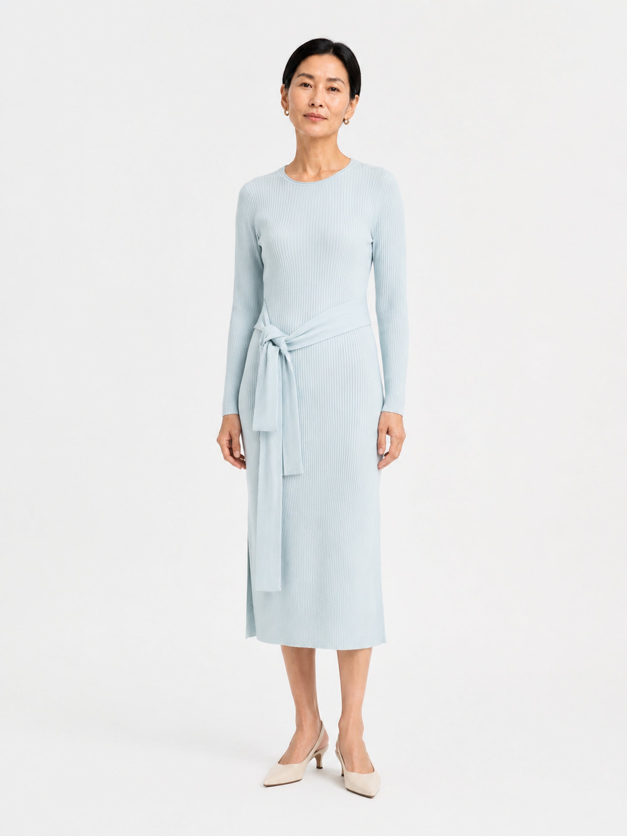 MY012 teal green ribbed side-slit sweater dress front model view