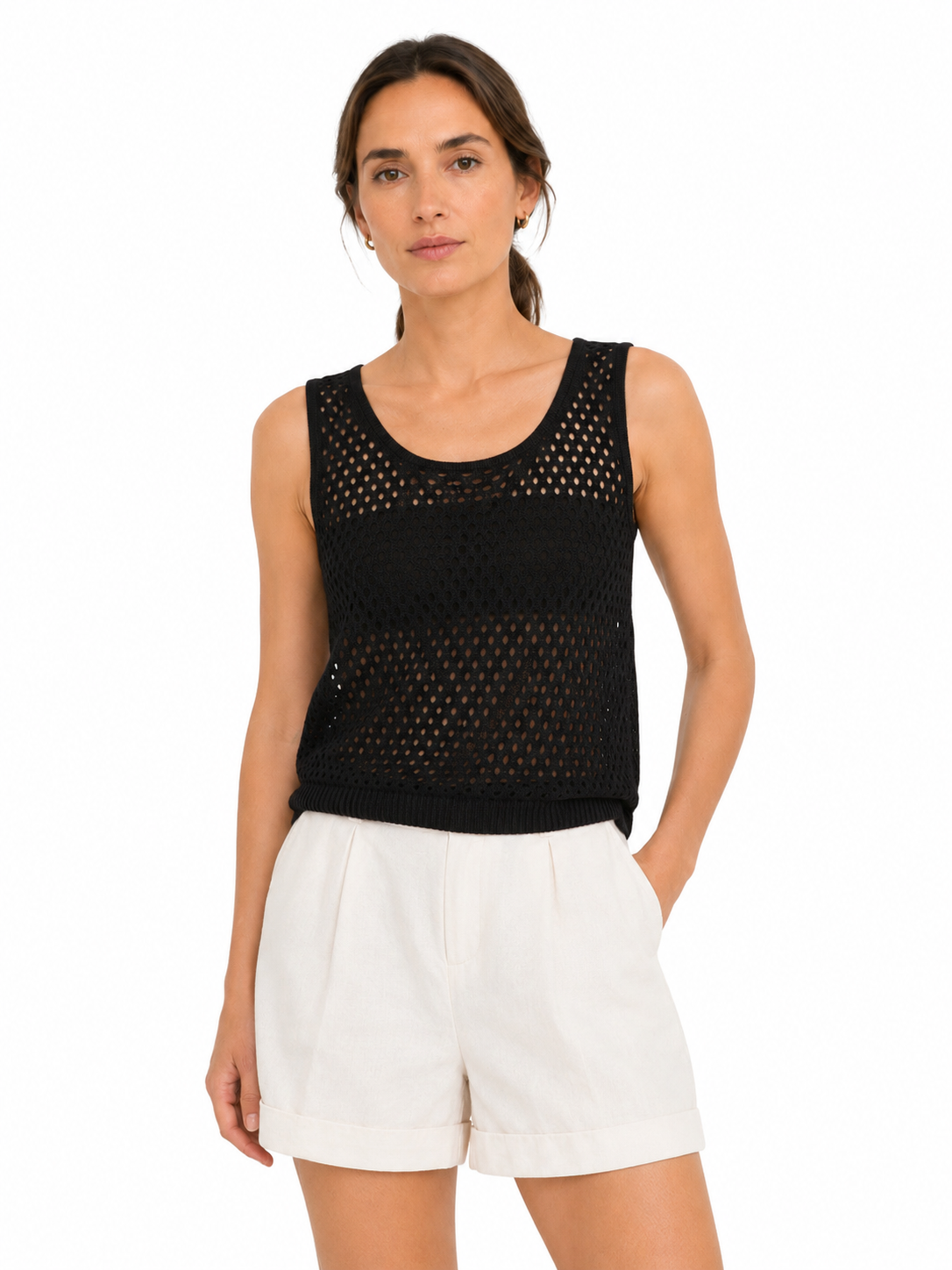MY019 black open-knit sleeveless sweater tank front model view