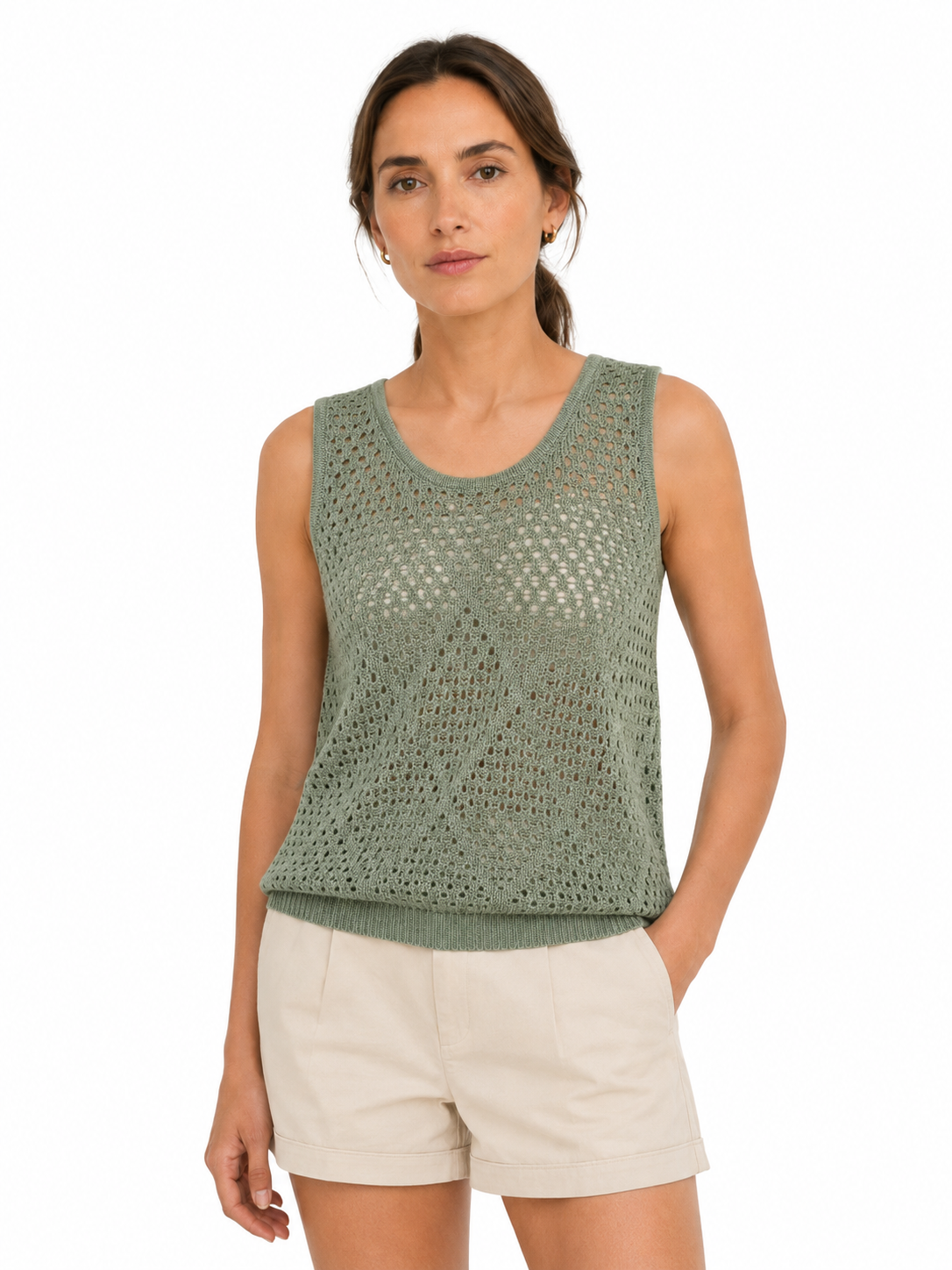 MY019 green open-knit sleeveless sweater tank front model view