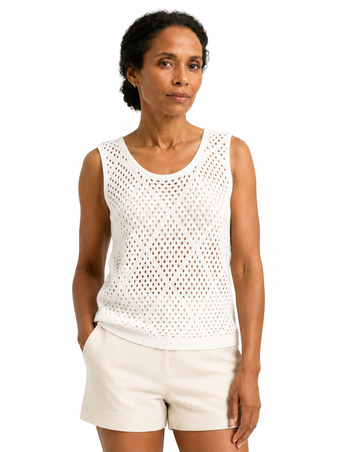 MY019 white open-knit sleeveless sweater tank front model view