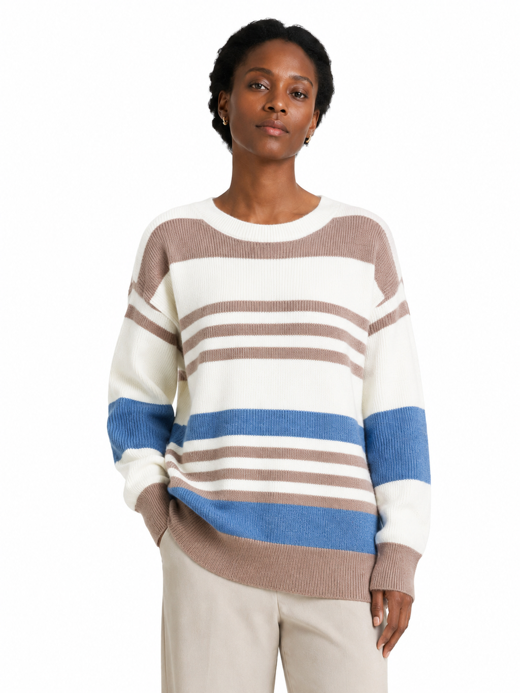 Women's Brown Off Shoulder Knit Sweater, Wide Neck Textured Pullover