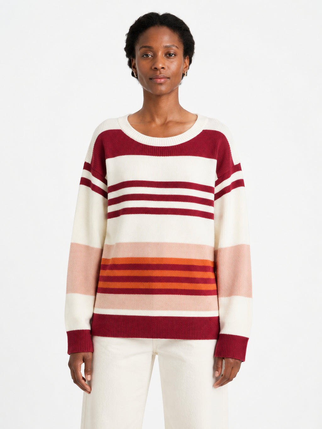 MY008 burgundy wide-neck off-shoulder textured sweater front model view