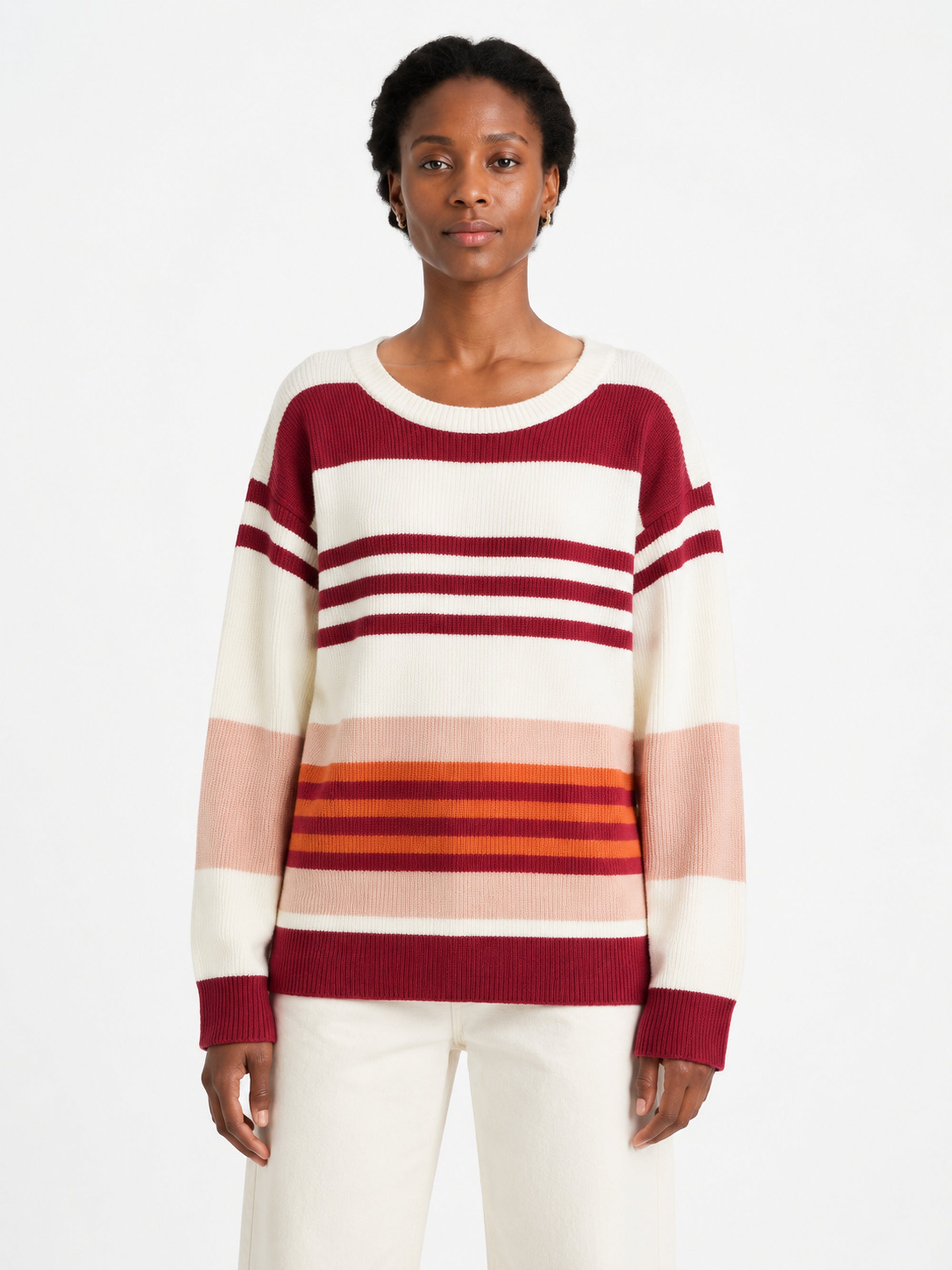 MY008 burgundy wide-neck off-shoulder textured sweater front model view