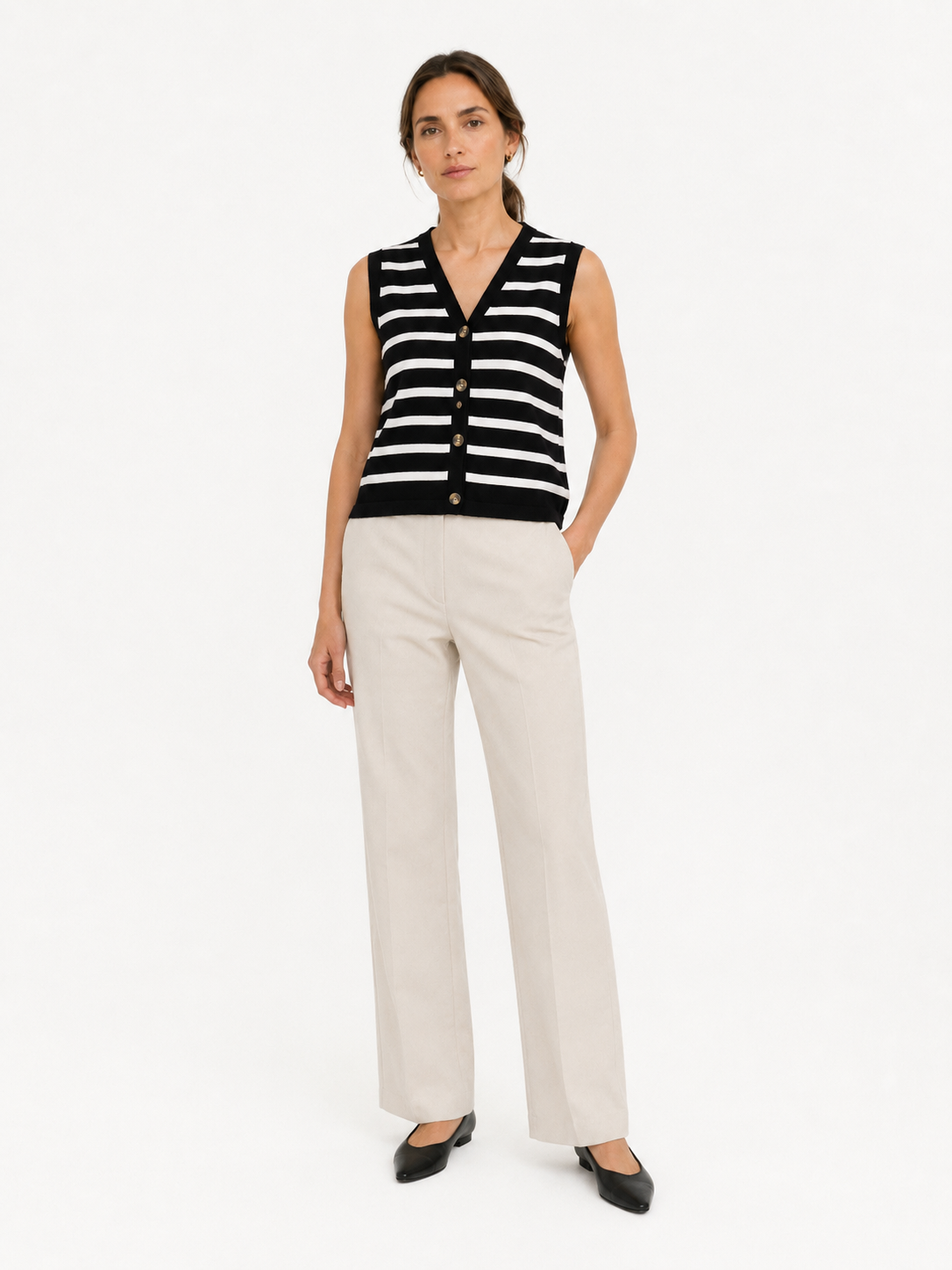 MY018 black striped sleeveless knit cardigan vest front model view