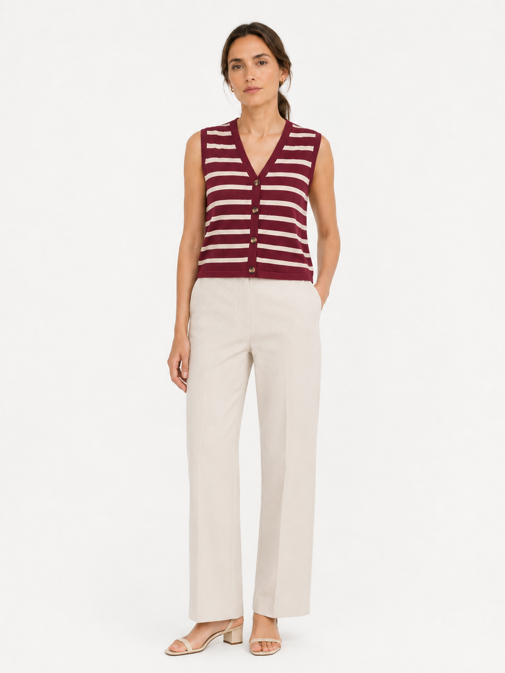 MY018 red striped sleeveless knit cardigan vest front model view