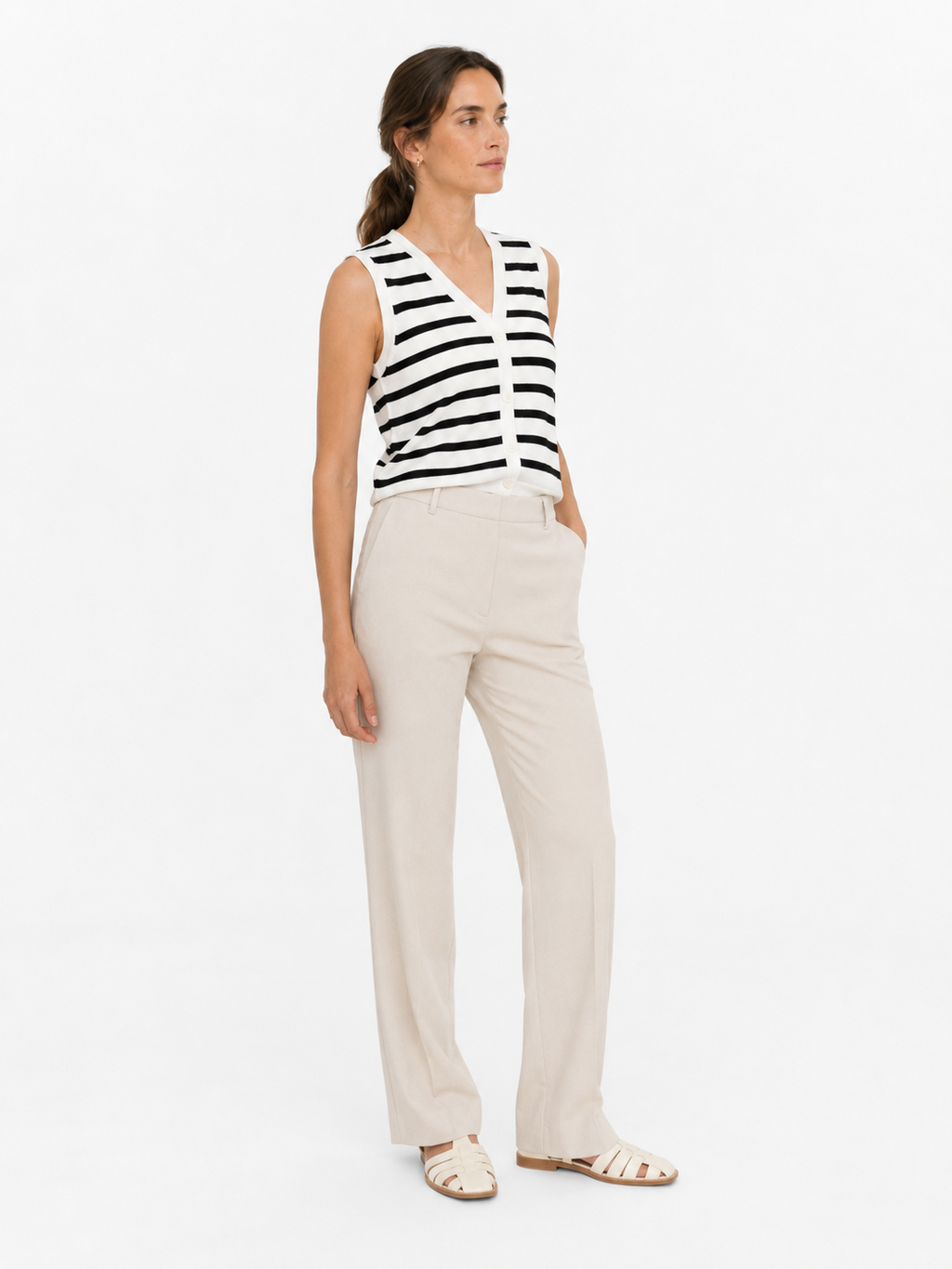 MY018 white striped sleeveless knit cardigan vest front model view