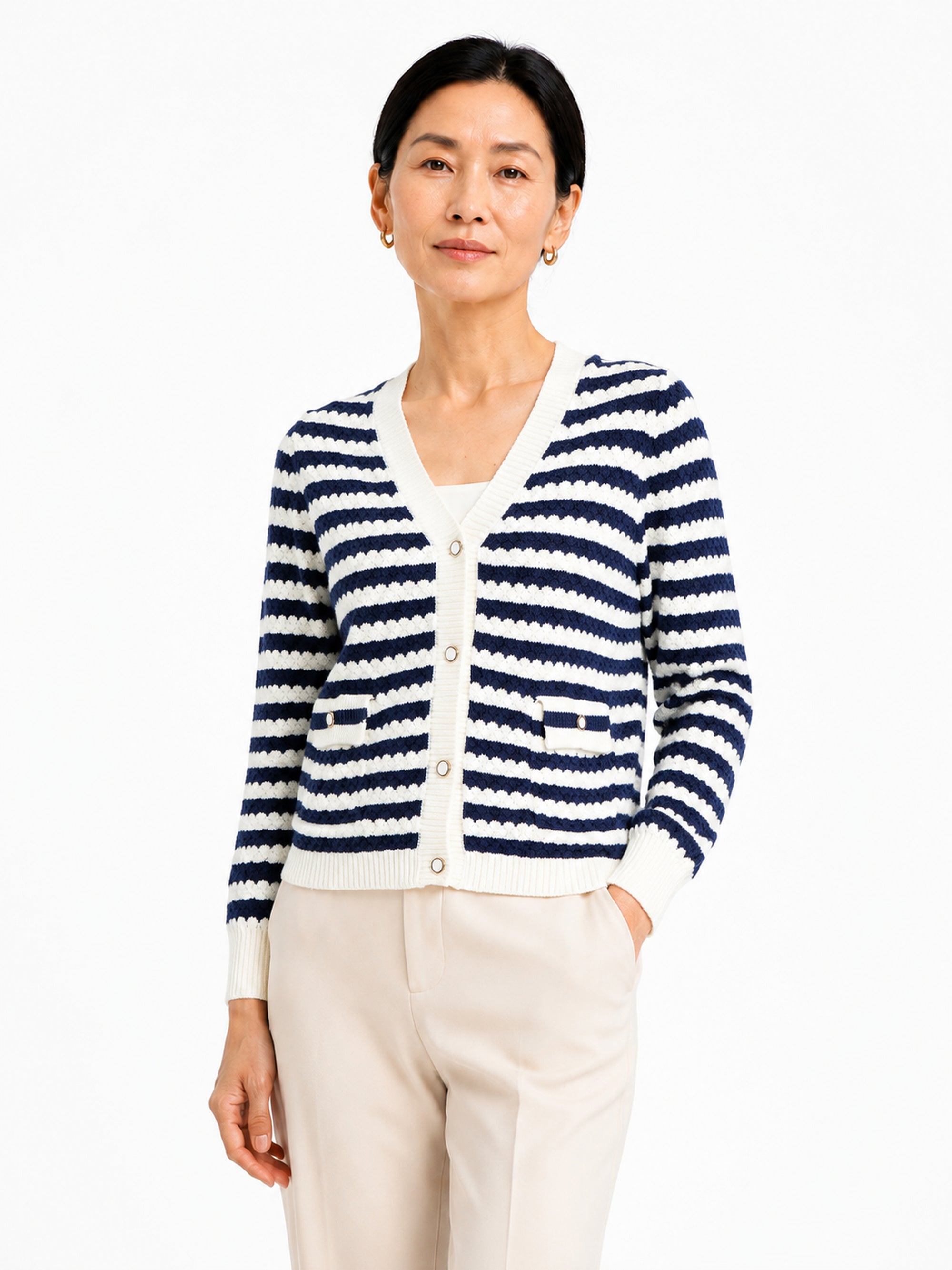 MY009 blue cropped textured knit cardigan front model view