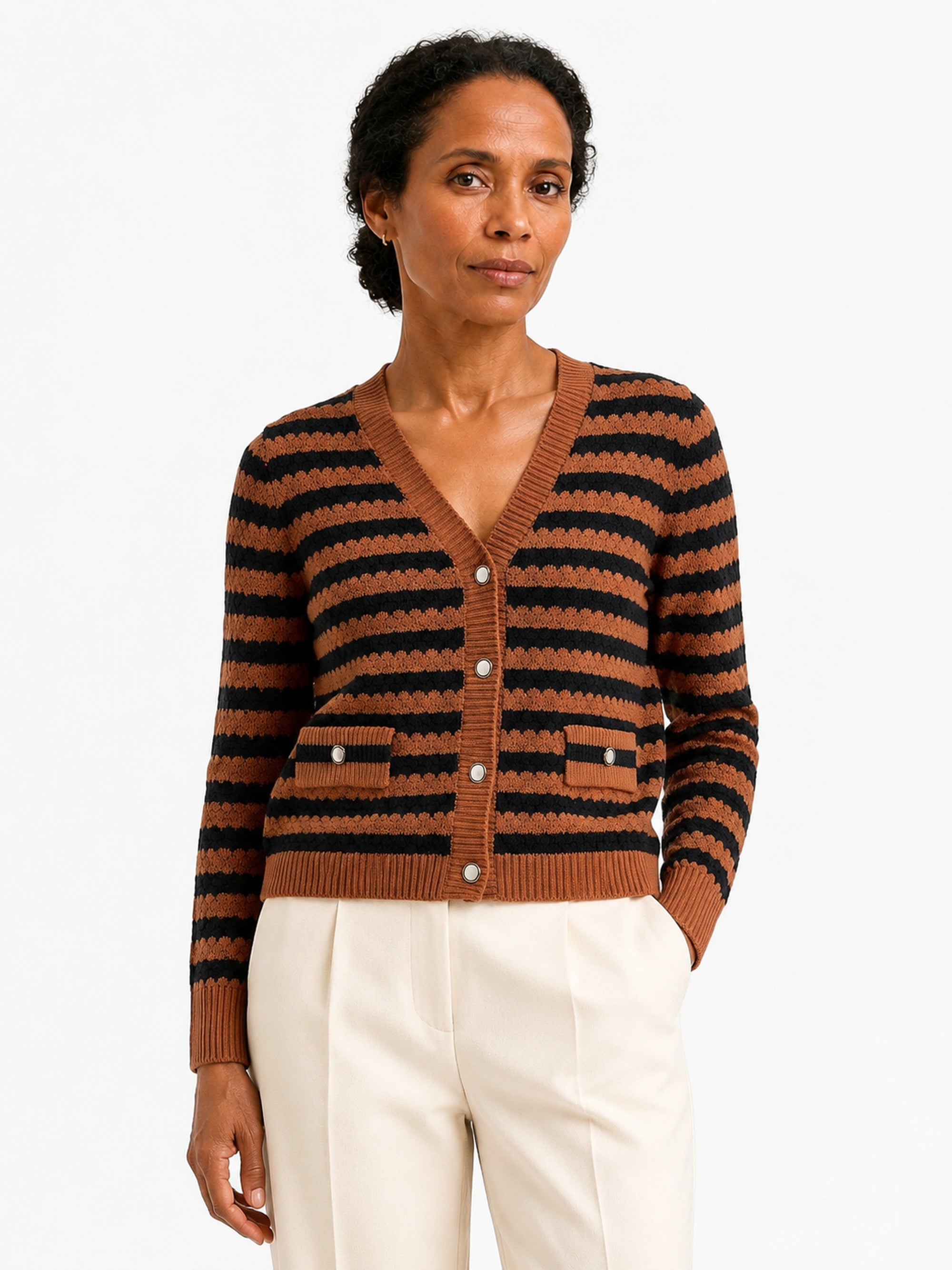 MY009 brown cropped textured knit cardigan front model view