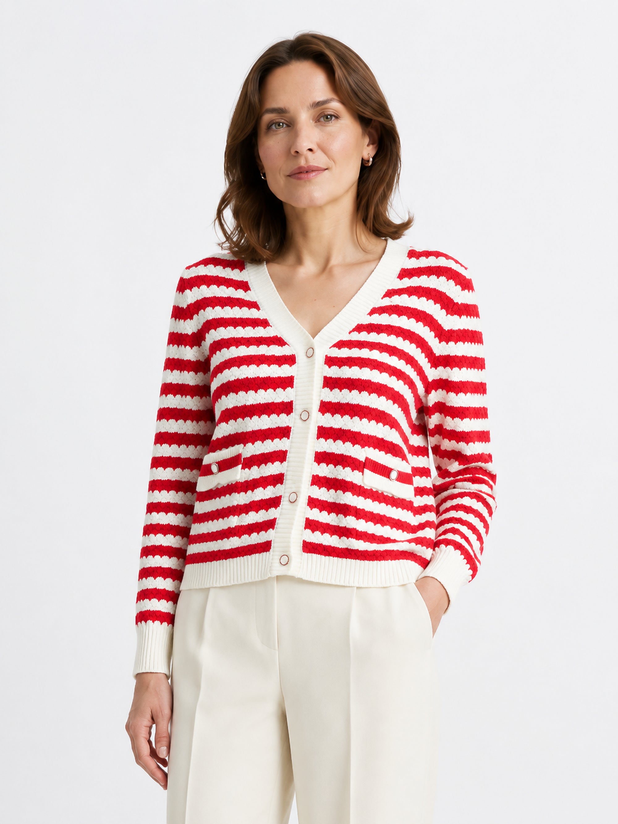 MY009 red cropped textured knit cardigan front model view