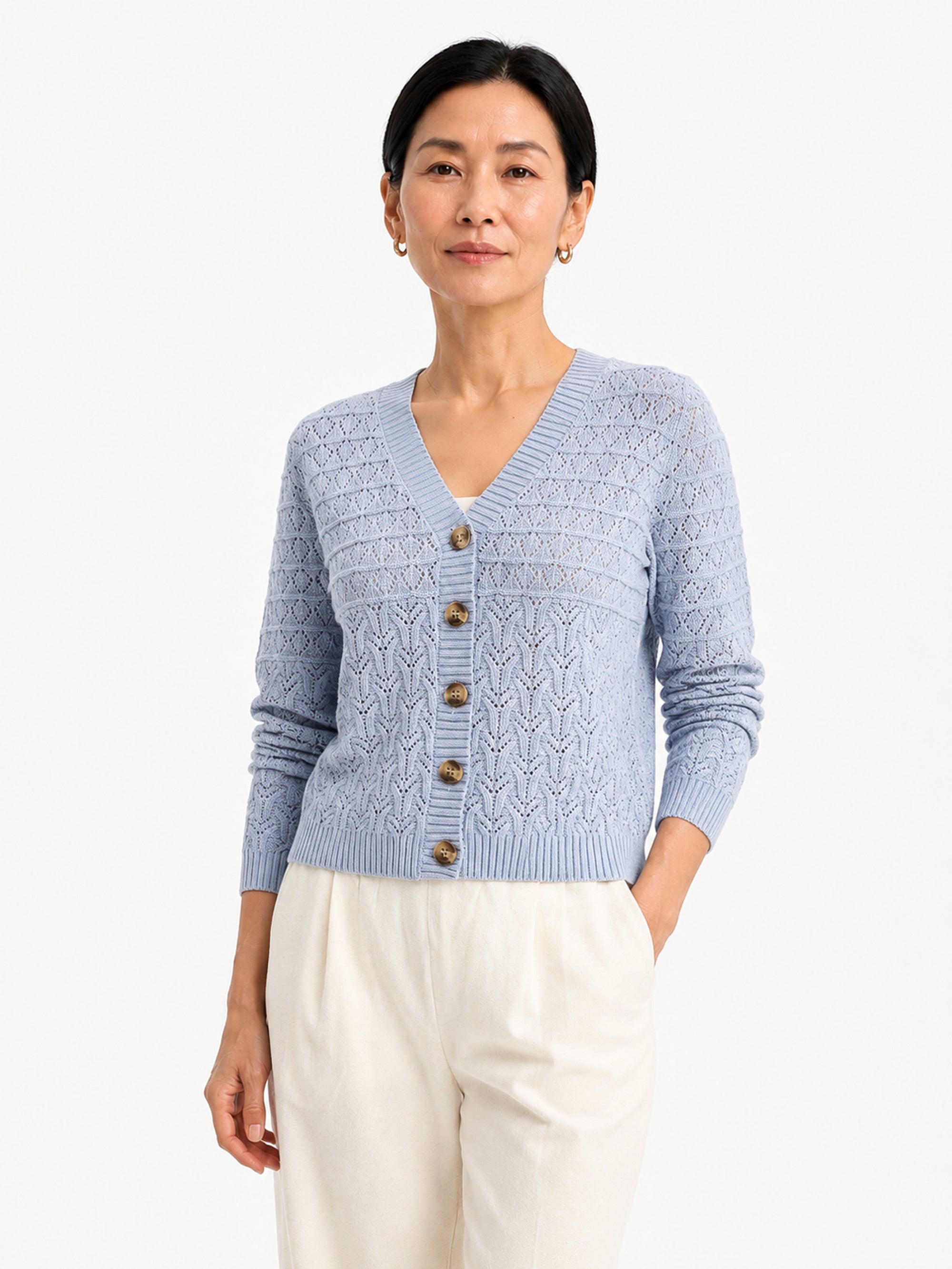 MY015 blue openwork three-quarter sleeve cardigan front model view