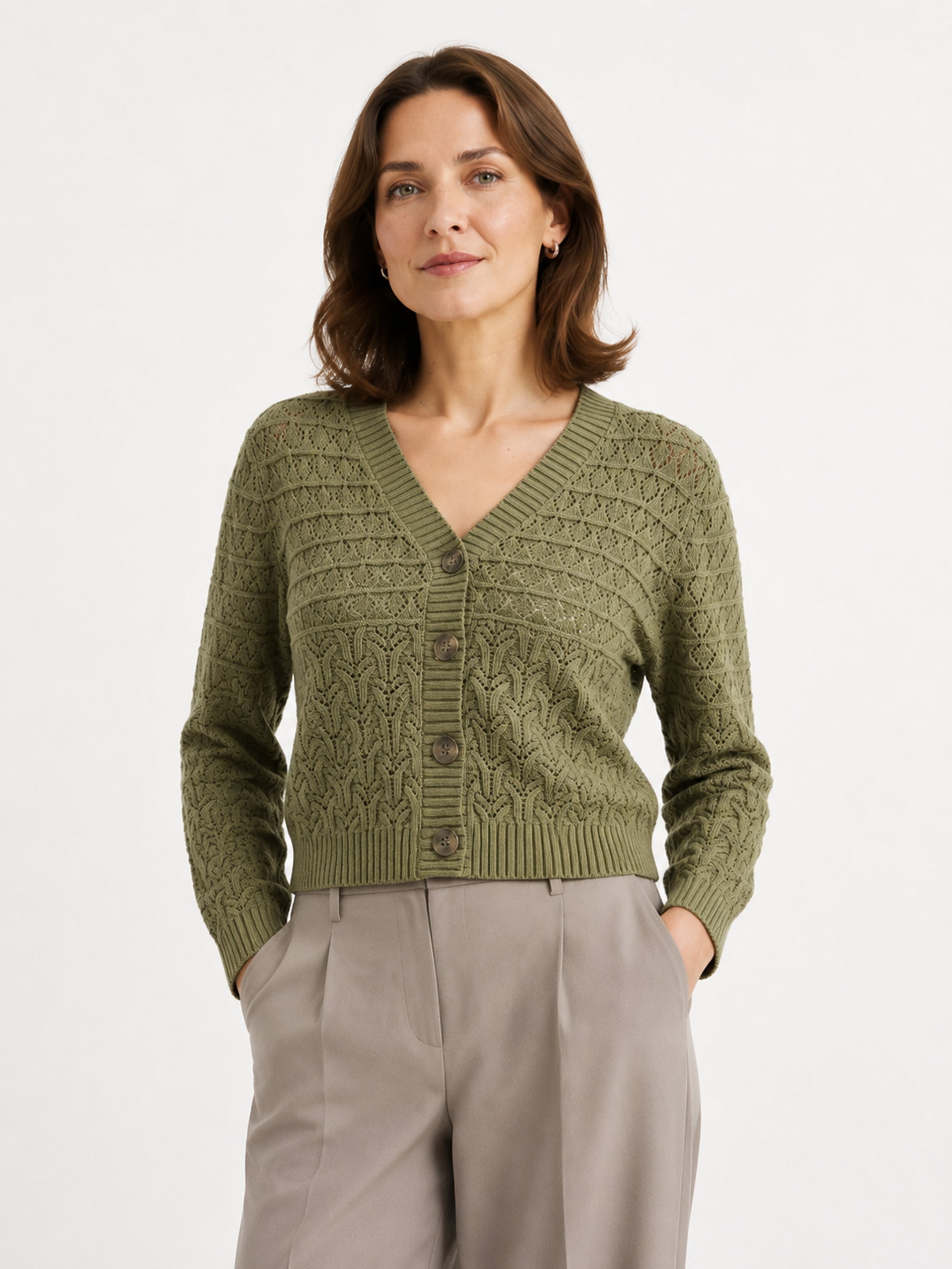 MY015 green openwork three-quarter sleeve cardigan front model view