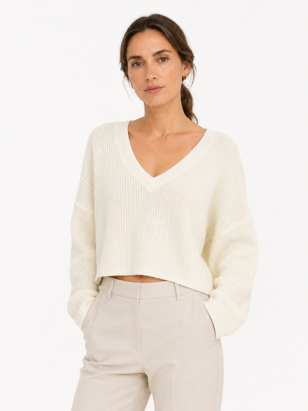 Women's White Cropped V Neck Knit Sweater, Textured Long Sleeve Top
