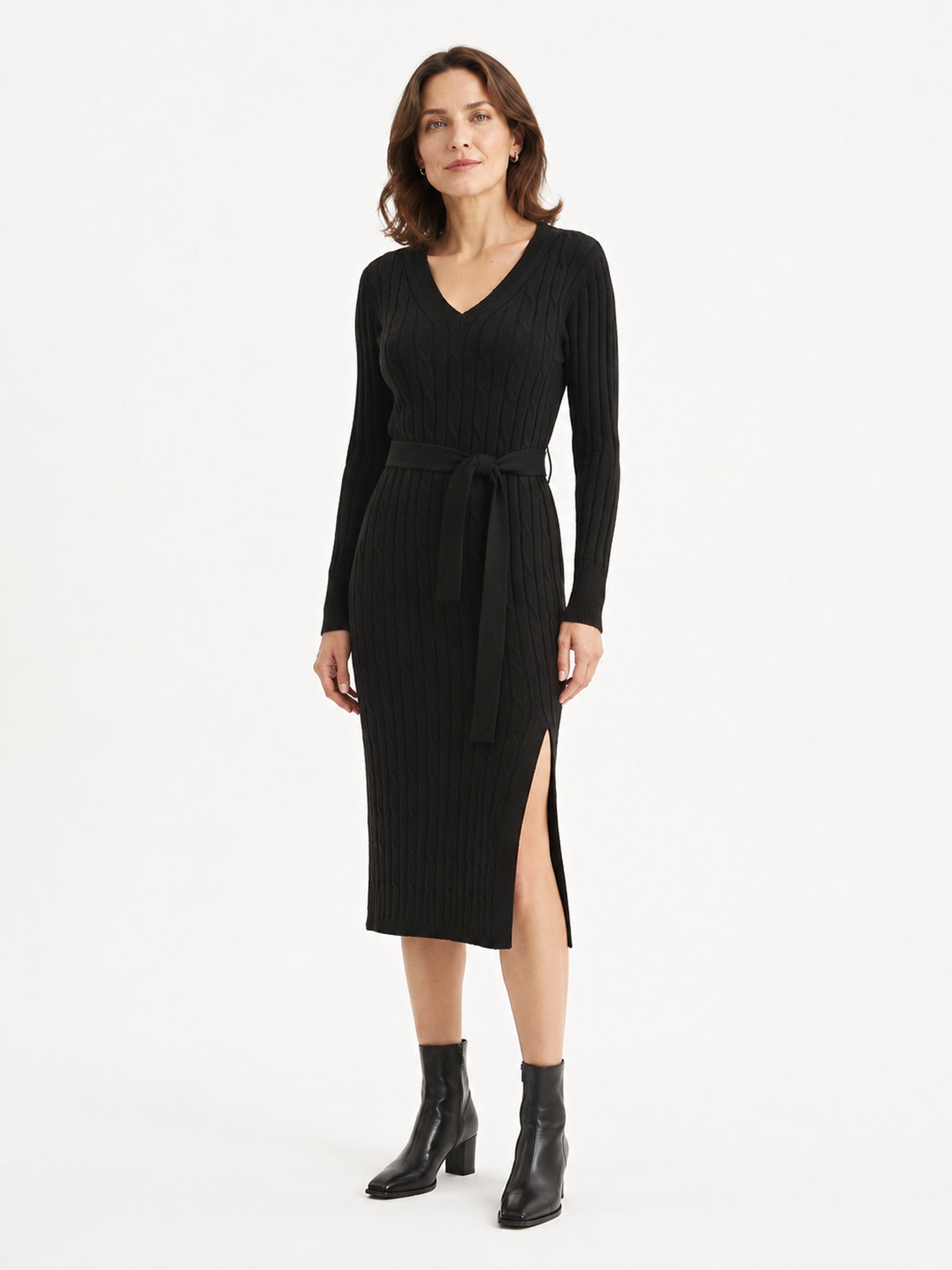 MY011 black v-neck belted knit dress front model view
