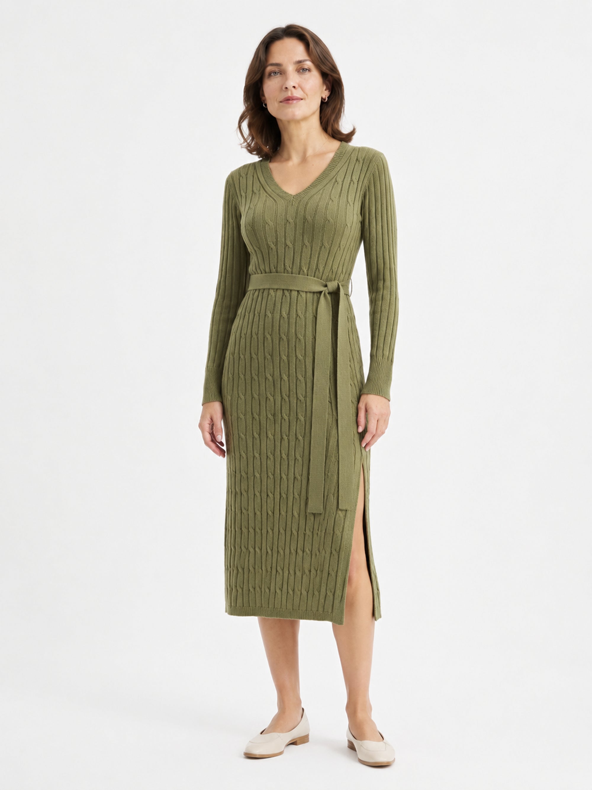 MY011 green v-neck belted knit dress front model view