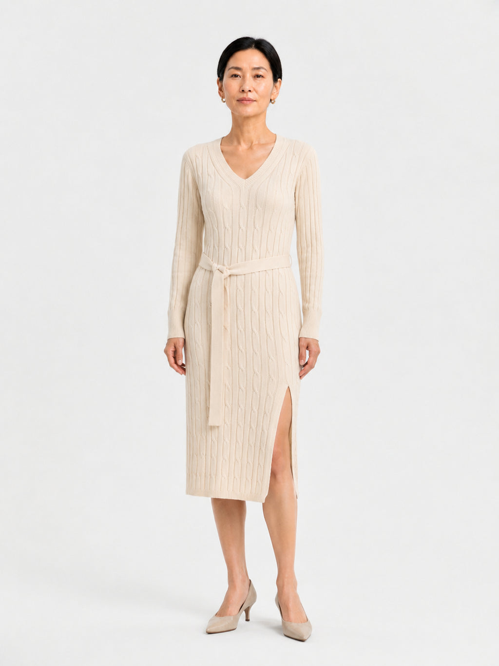 MY011 ivory v-neck belted knit dress front model view