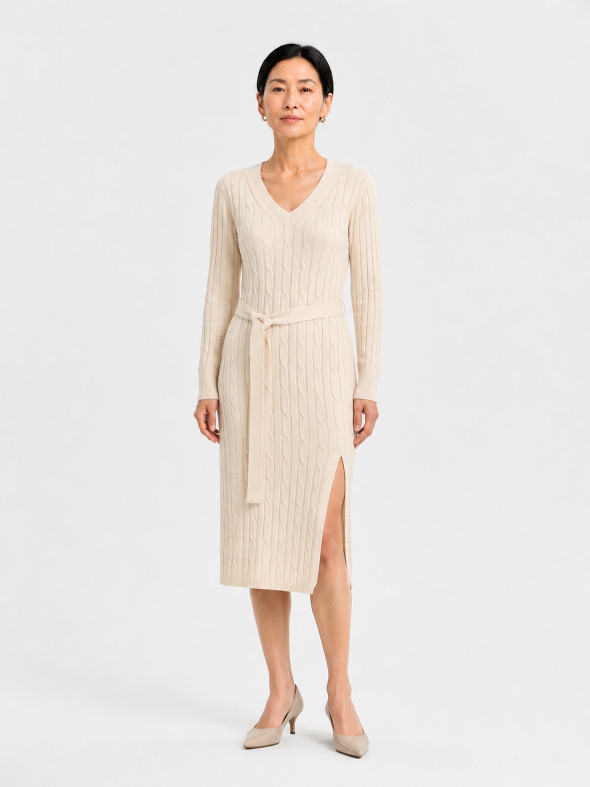 MY011 ivory v-neck belted knit dress front model view