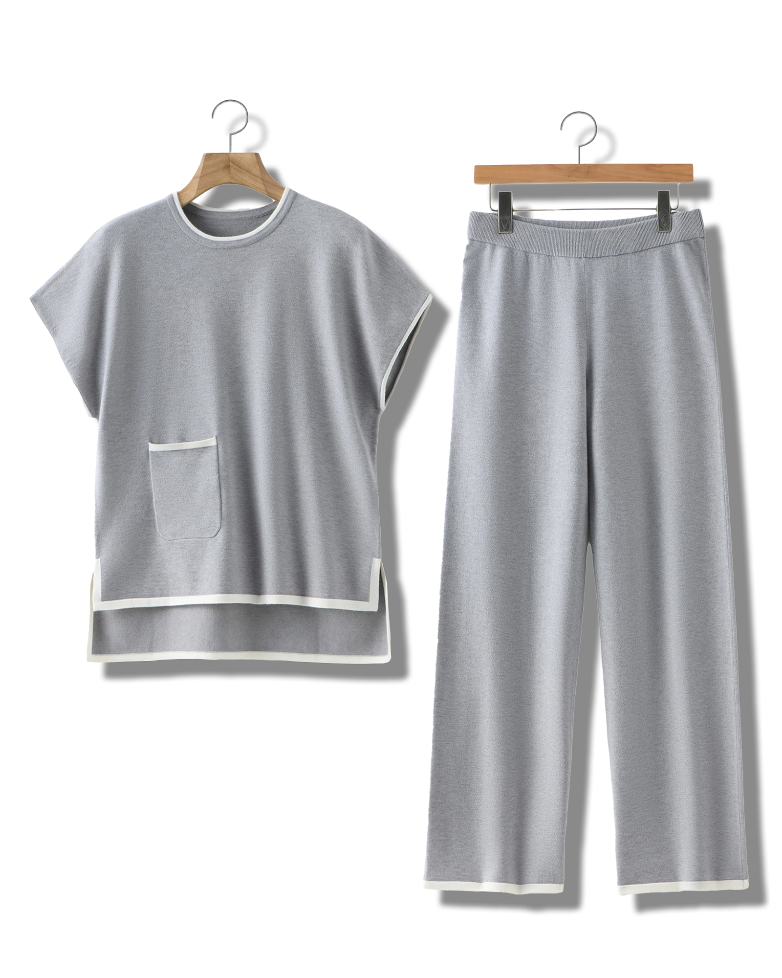 Light Gray Contrast Knit Loungewear Set