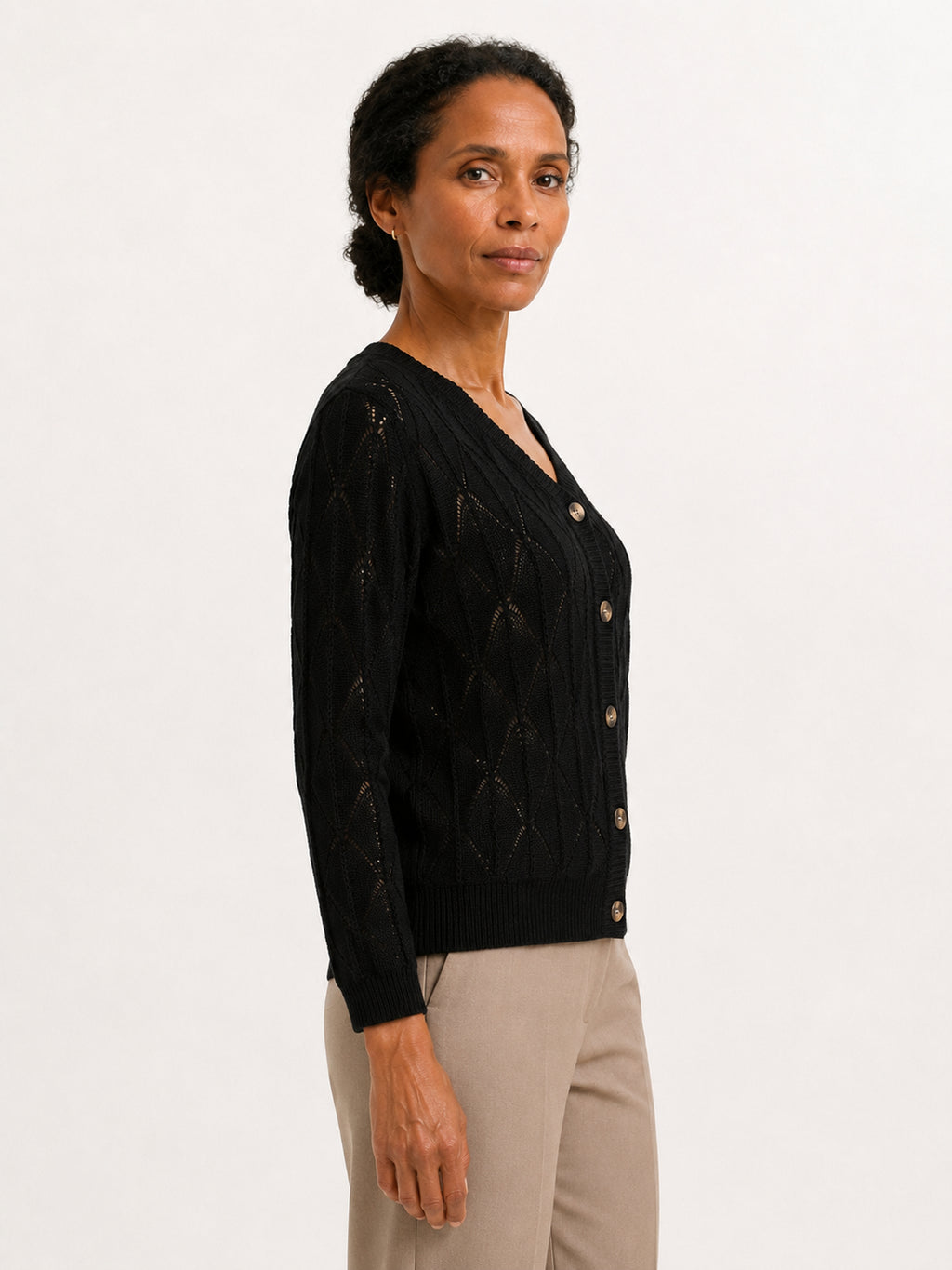 MY021 black openwork v-neck three-quarter sleeve cardigan side model view