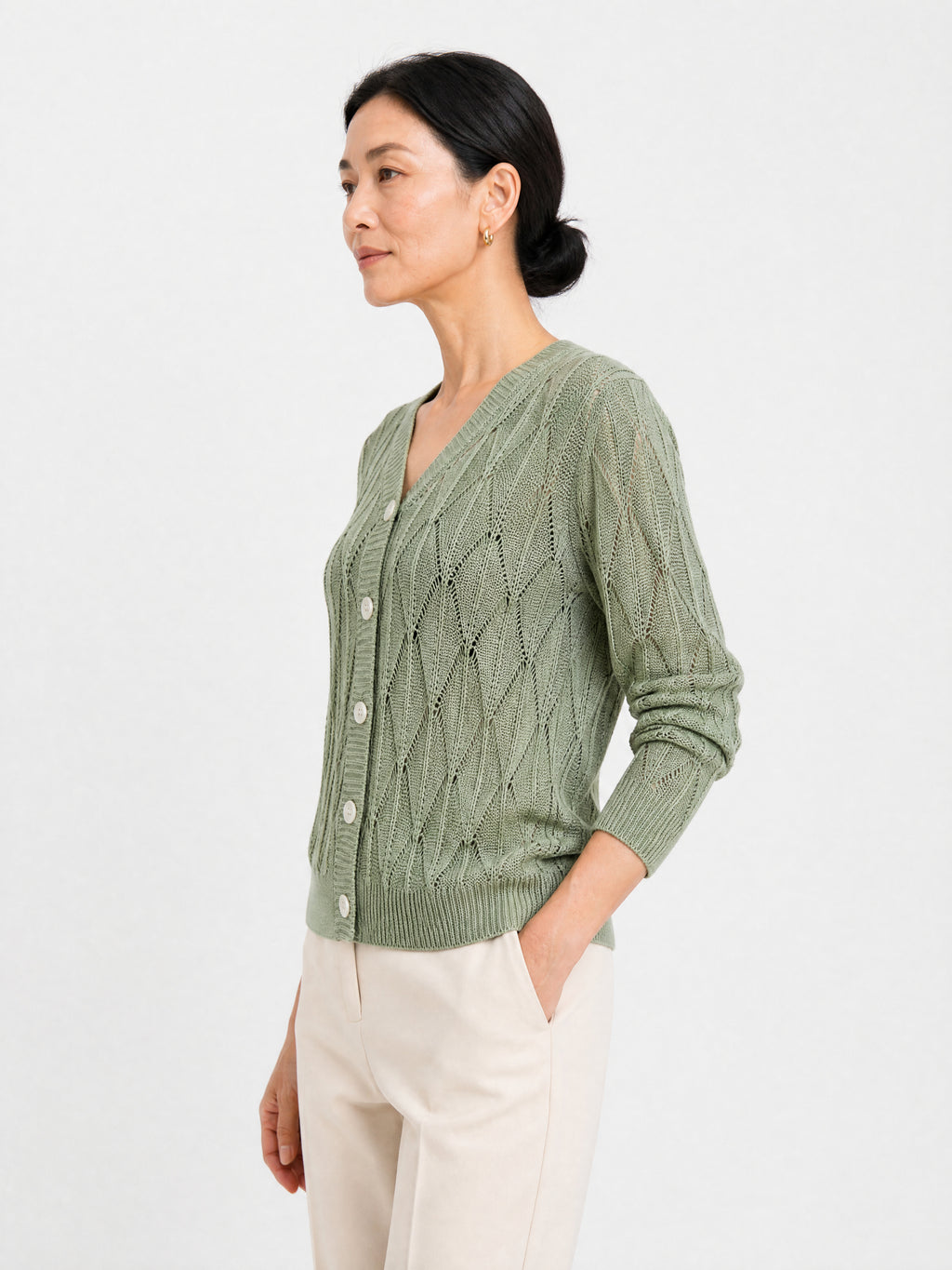 MY021 green openwork v-neck three-quarter sleeve cardigan side model view