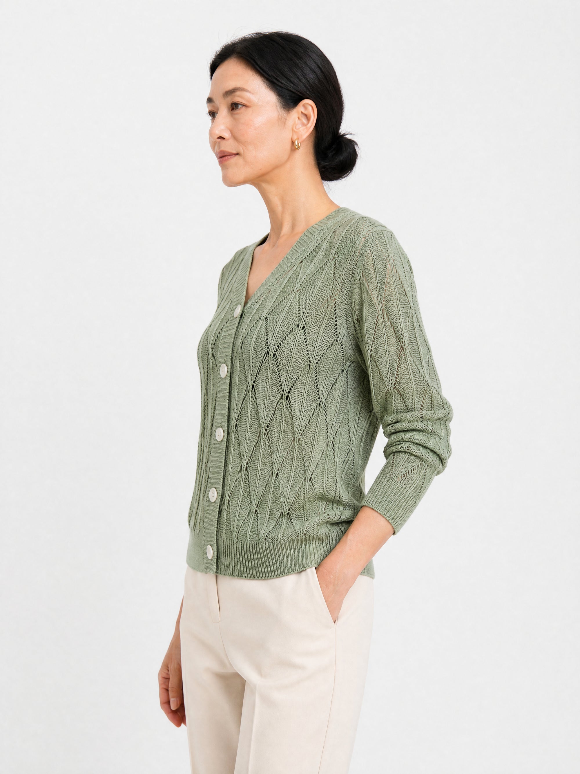 MY021 green openwork v-neck three-quarter sleeve cardigan side model view