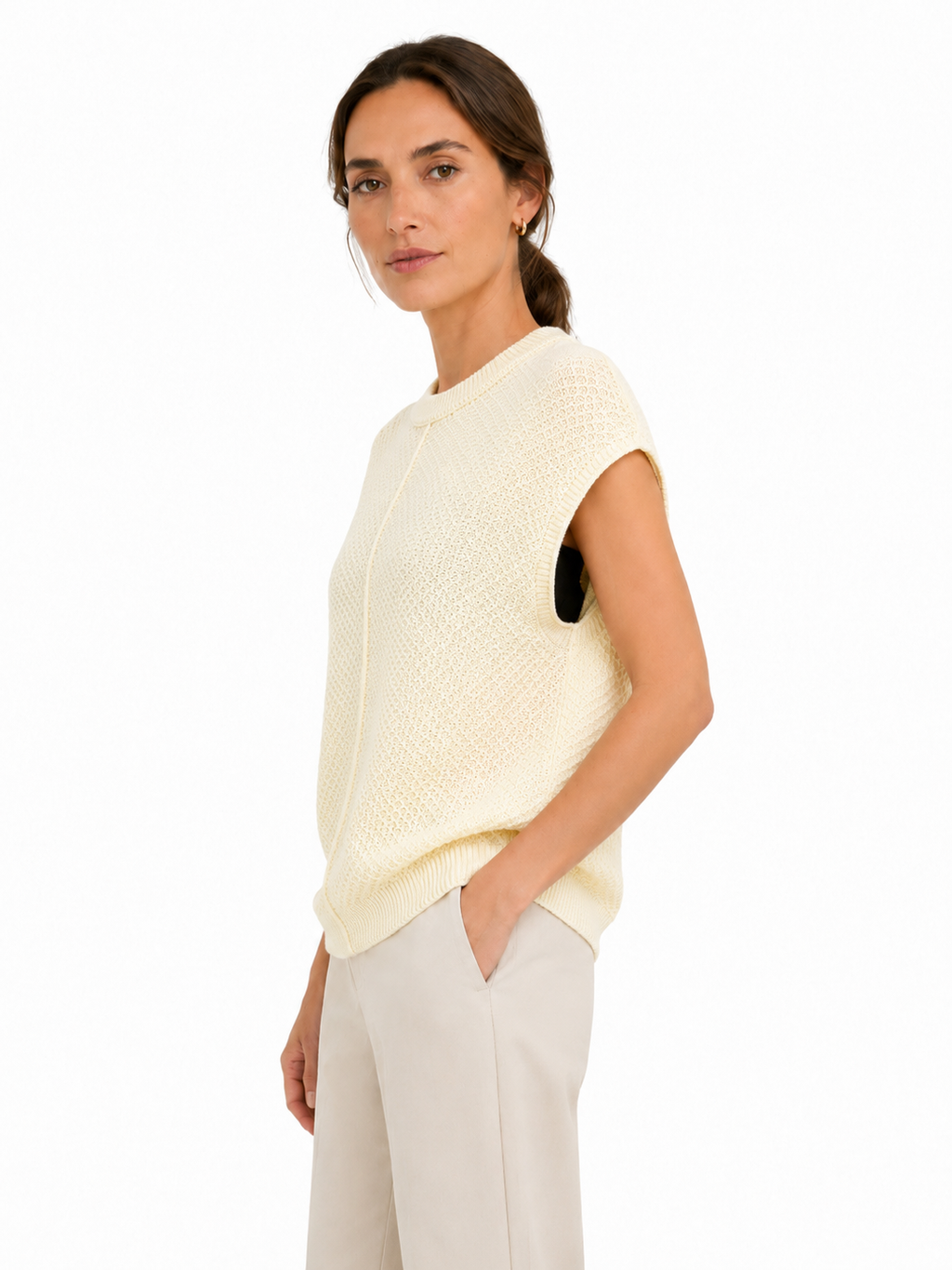 MY017 white textured sleeveless sweater tank side model view