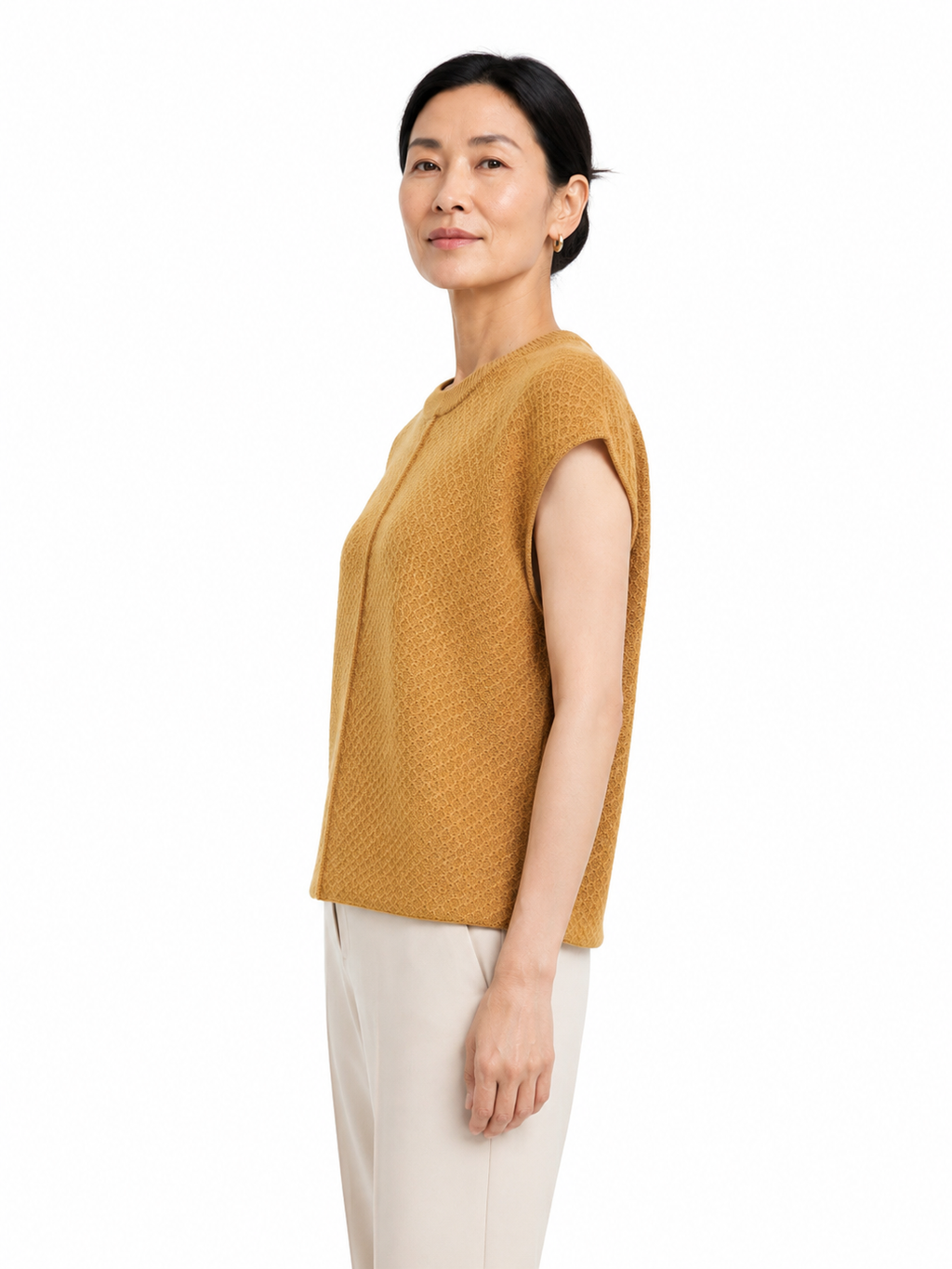 MY017 yellow textured sleeveless sweater tank side model view