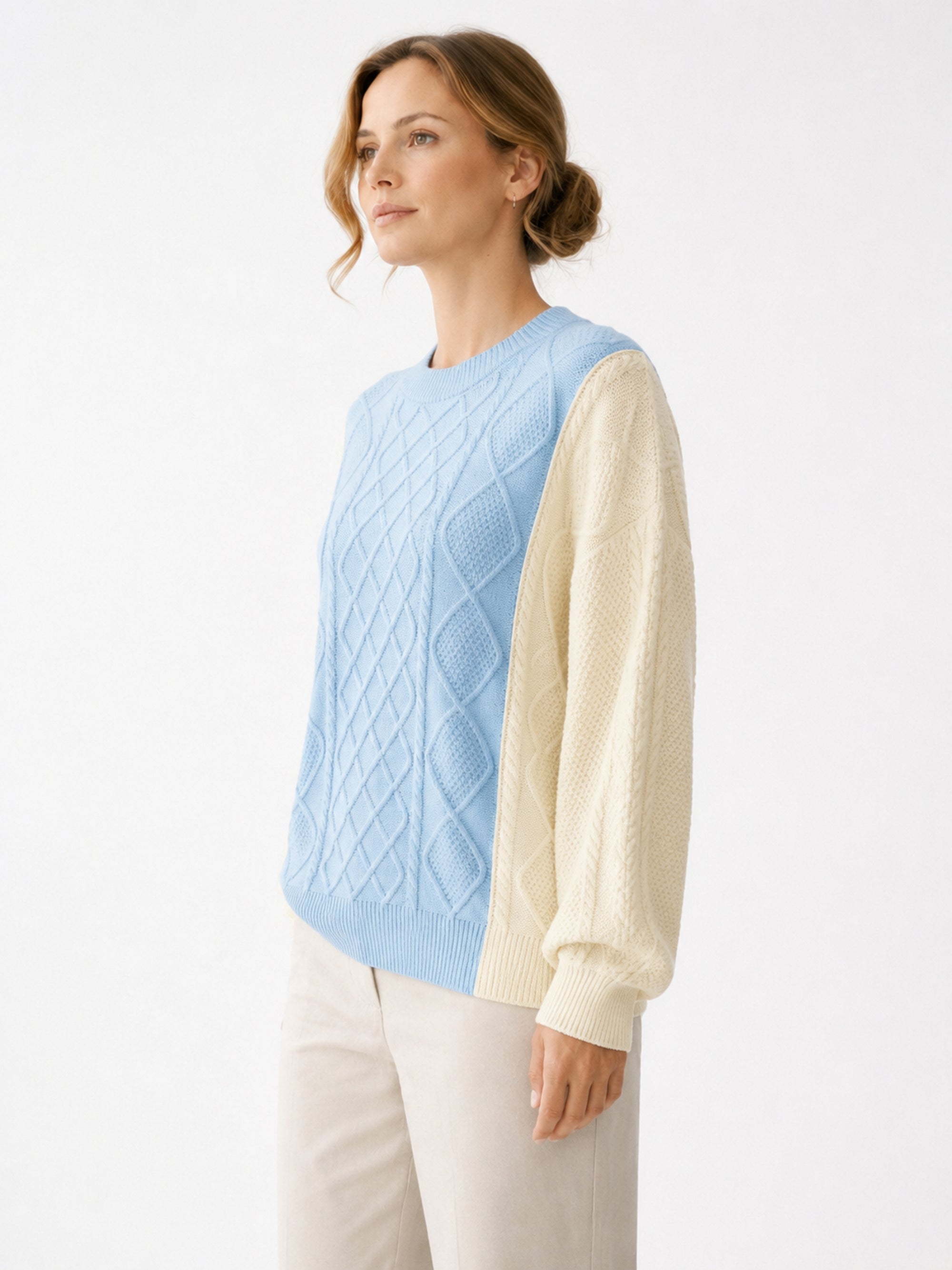 MY005 blue textured cable-knit pullover sweater side model view