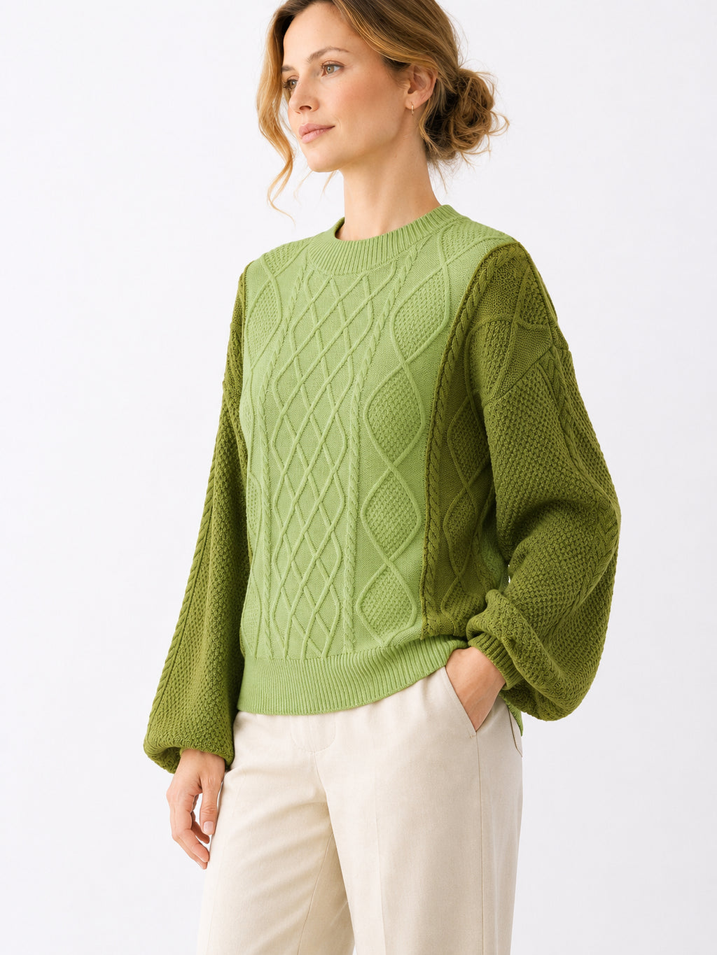 MY005 green textured cable-knit pullover sweater side model view