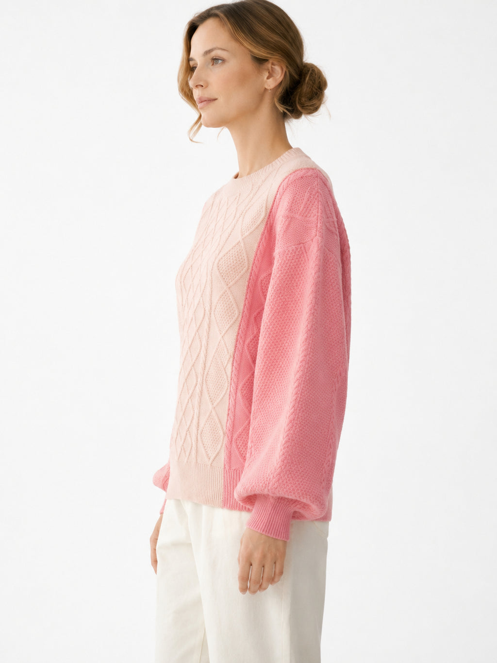 MY005 soft pink textured cable-knit pullover sweater side model view