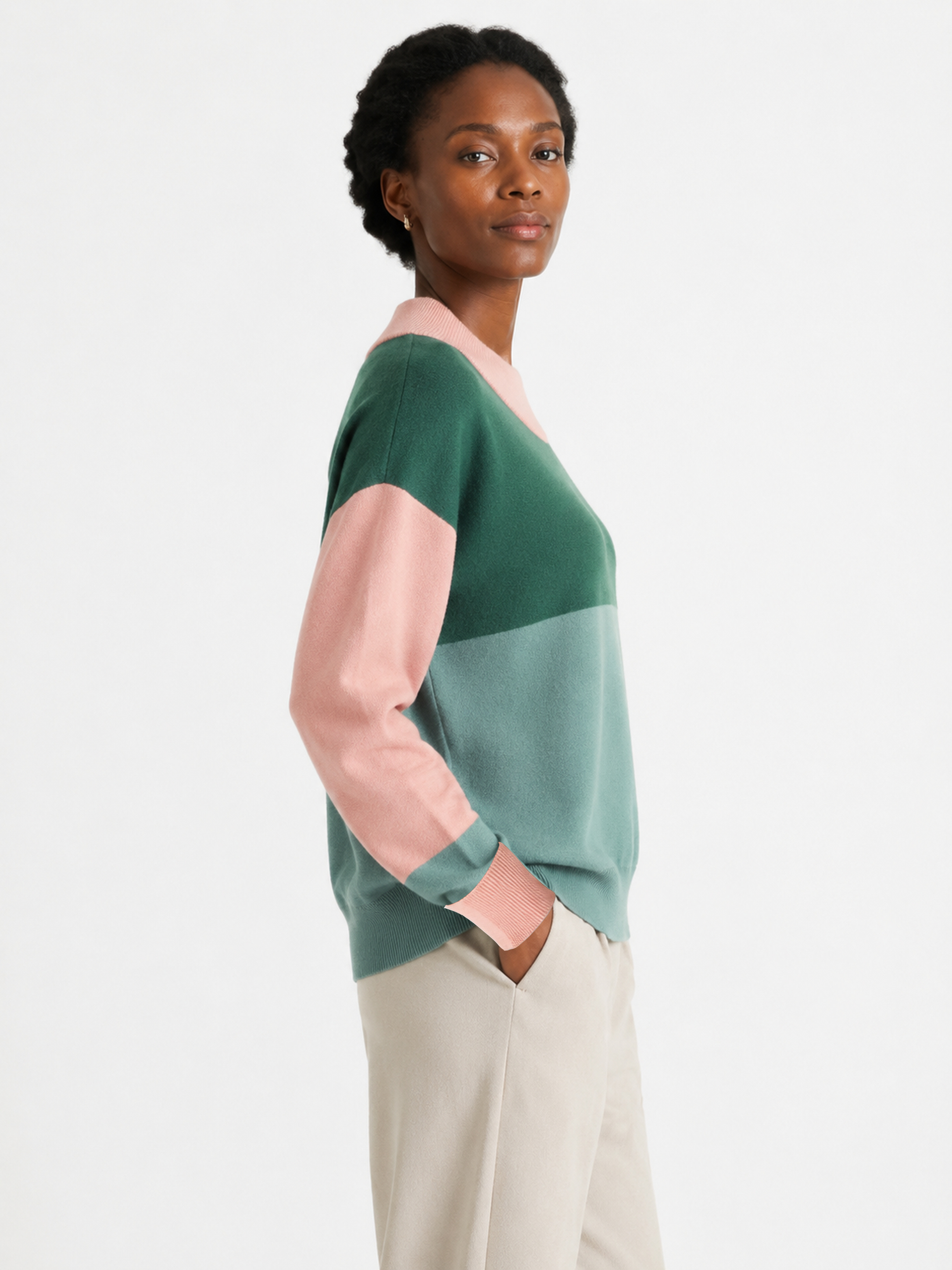 MY007 green wide-neck striped knit pullover side model view