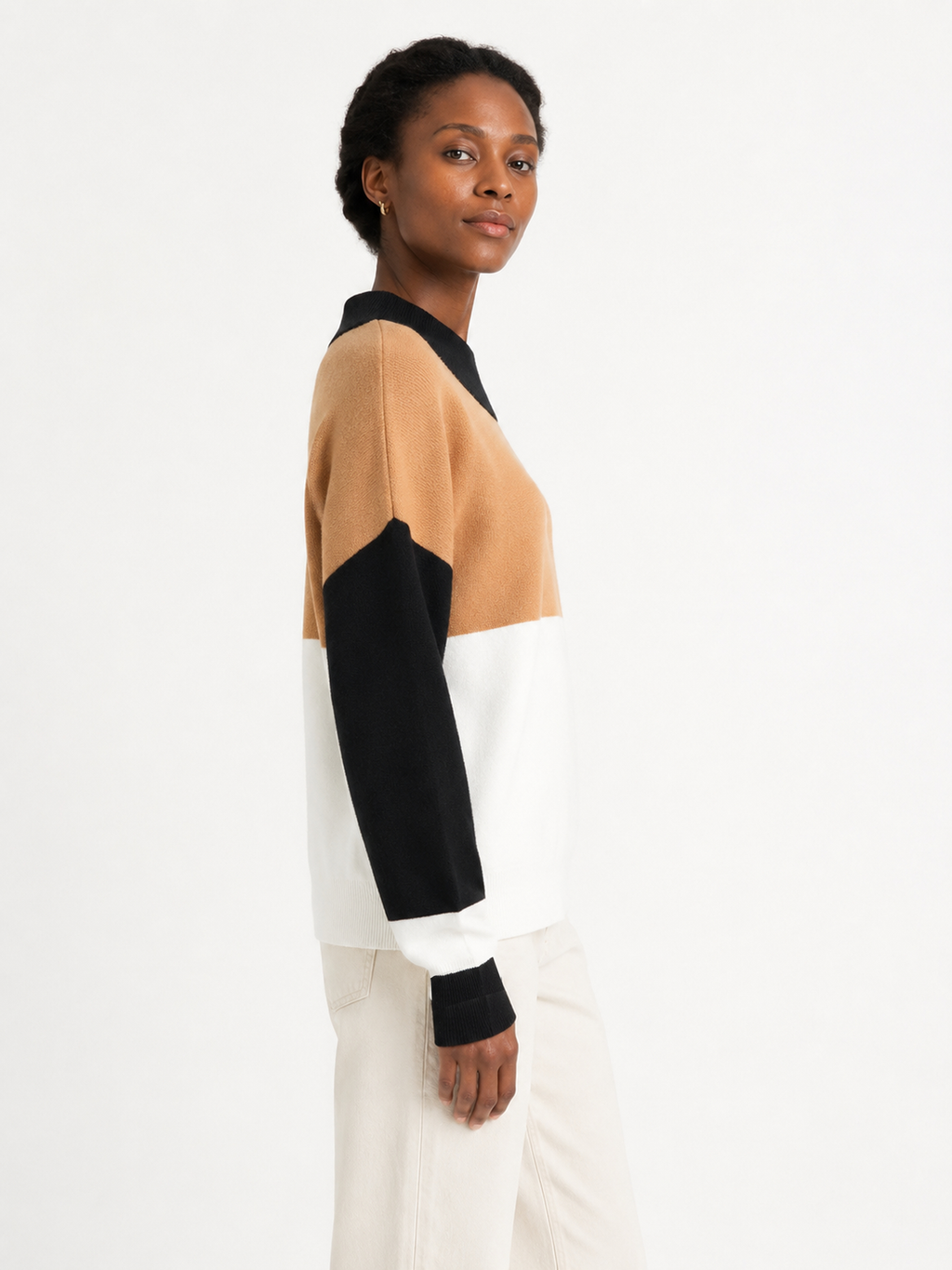 MY007 khaki wide-neck striped knit pullover side model view
