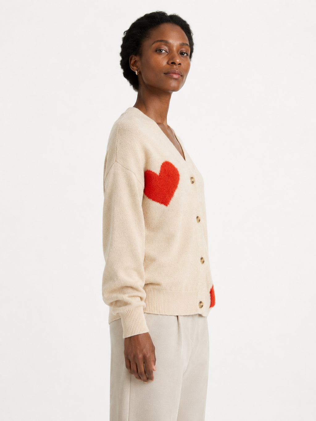 MY014 apricot oversized jacquard knit cardigan side model view