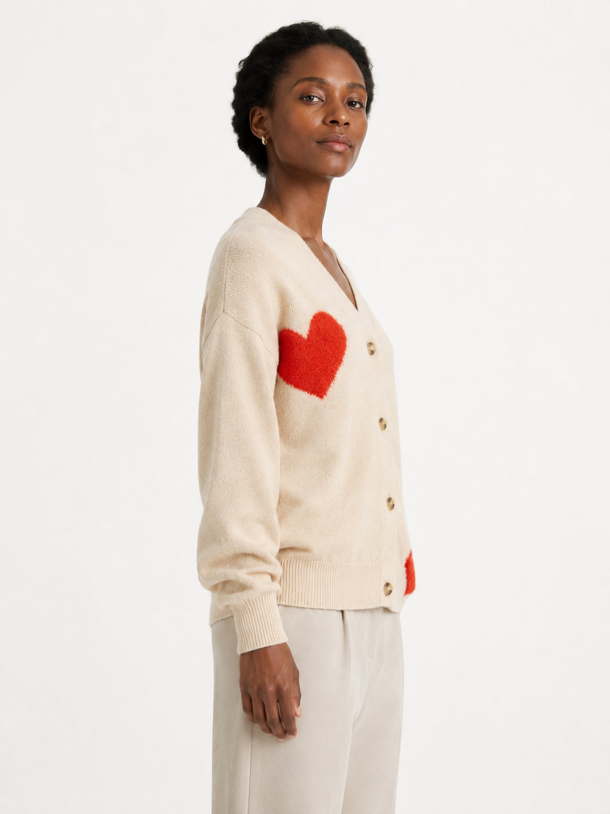 MY014 apricot oversized jacquard knit cardigan side model view