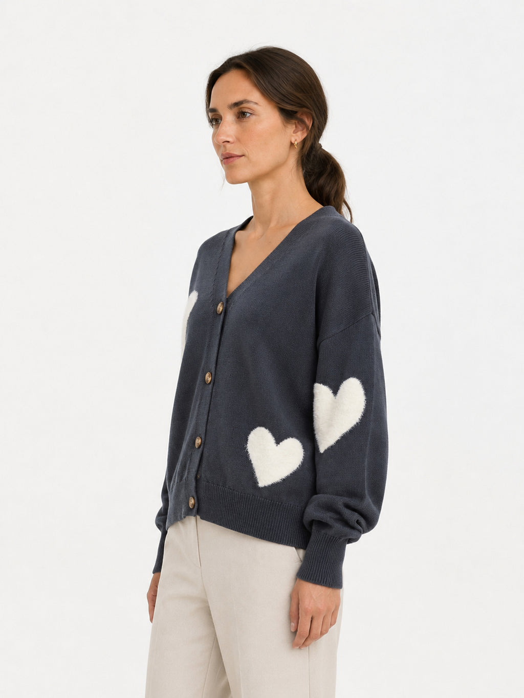 MY014 blue oversized jacquard knit cardigan side model view
