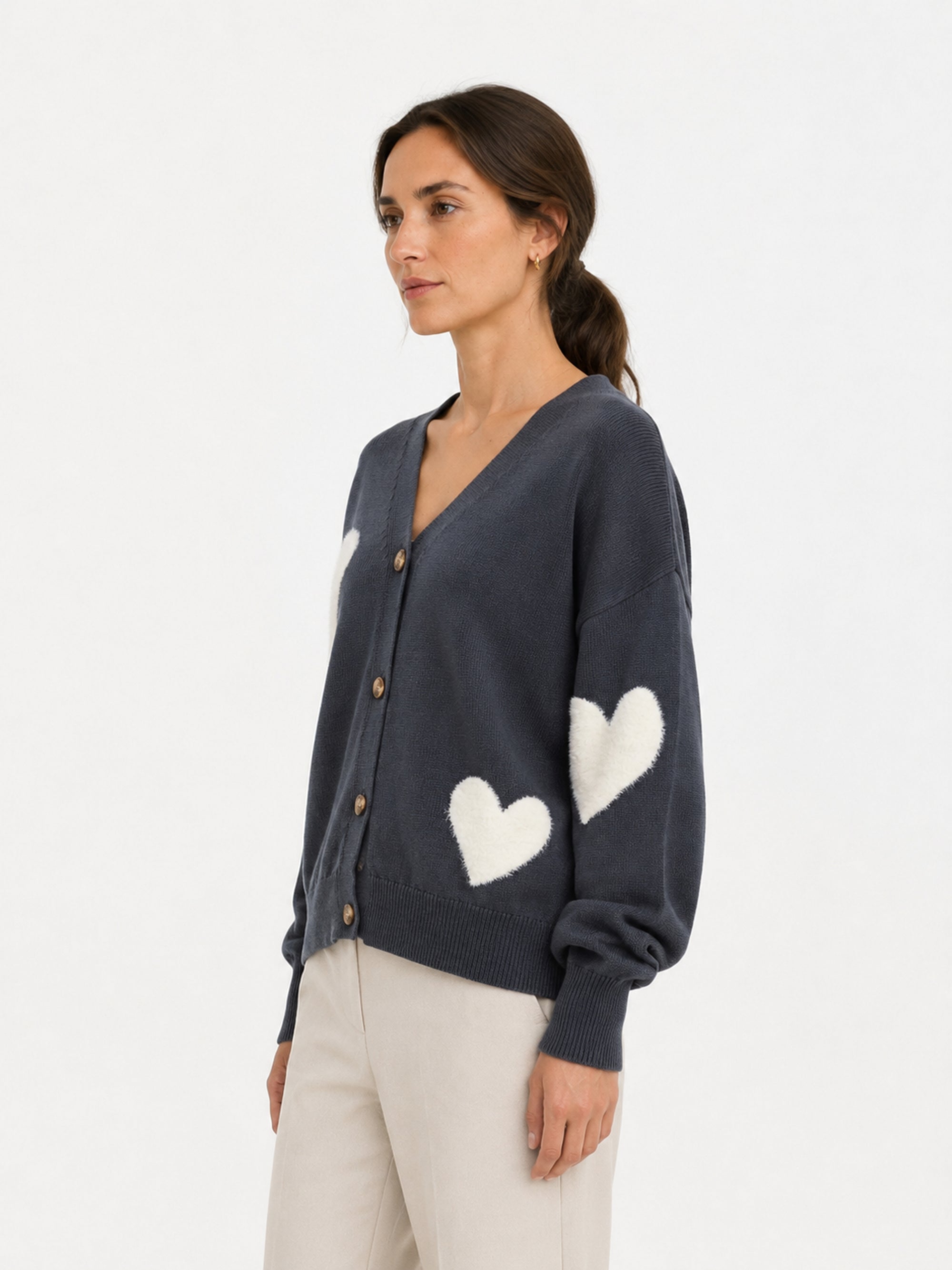 MY014 blue oversized jacquard knit cardigan side model view