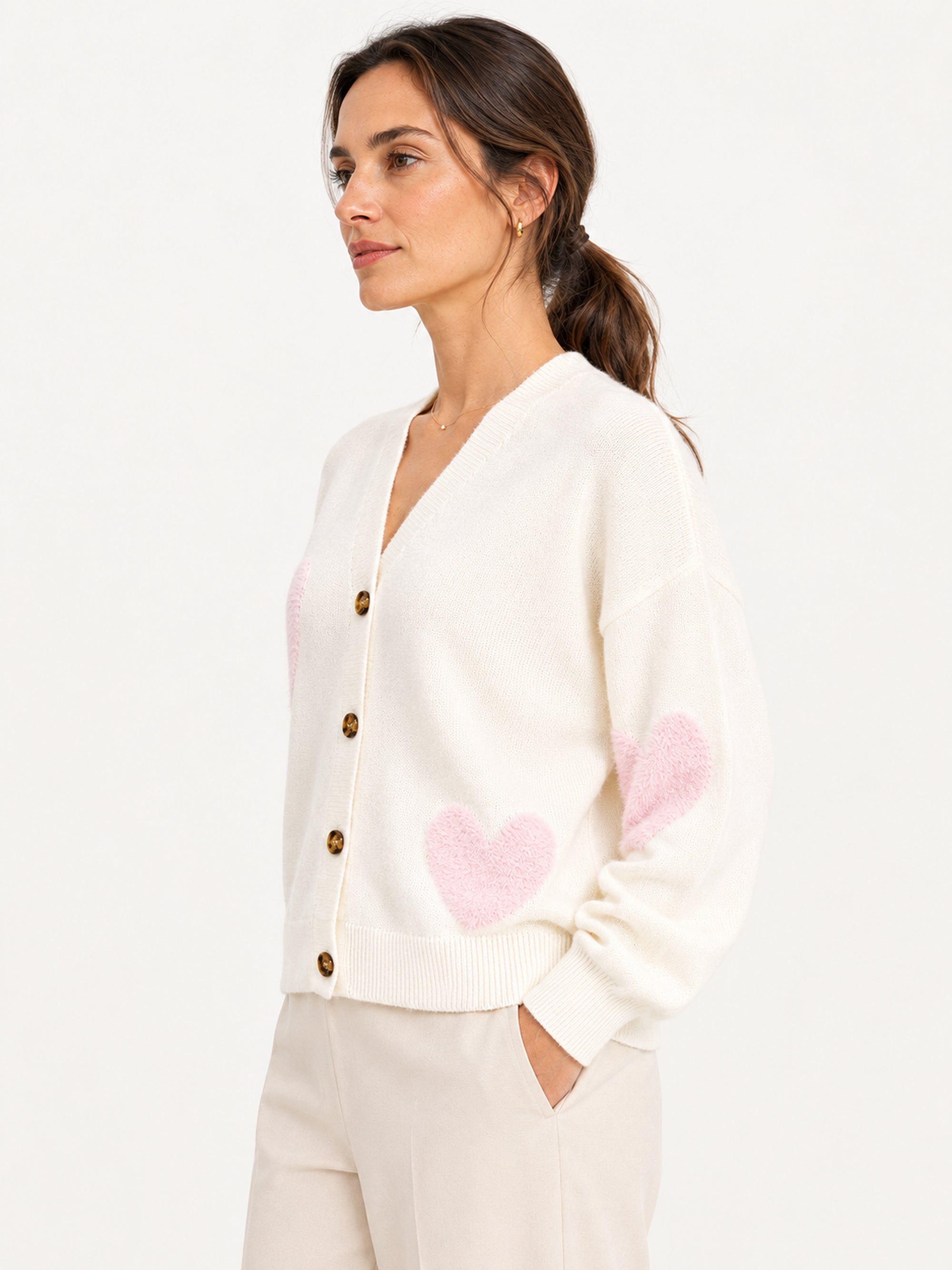 MY014 white oversized jacquard knit cardigan side model view