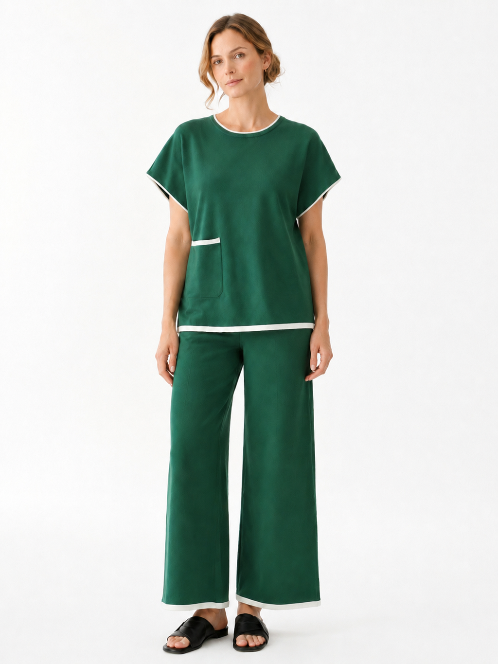 MY001 green contrast-trim sleeveless knit set front model view