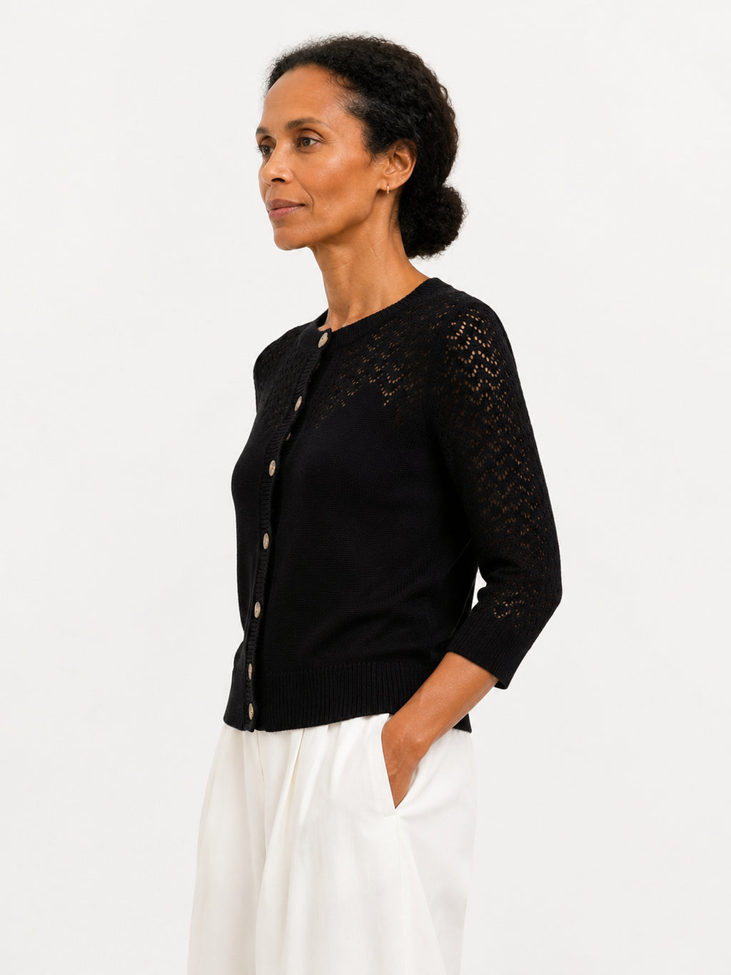 MY023 black openwork round-neck three-quarter sleeve cardigan side model view
