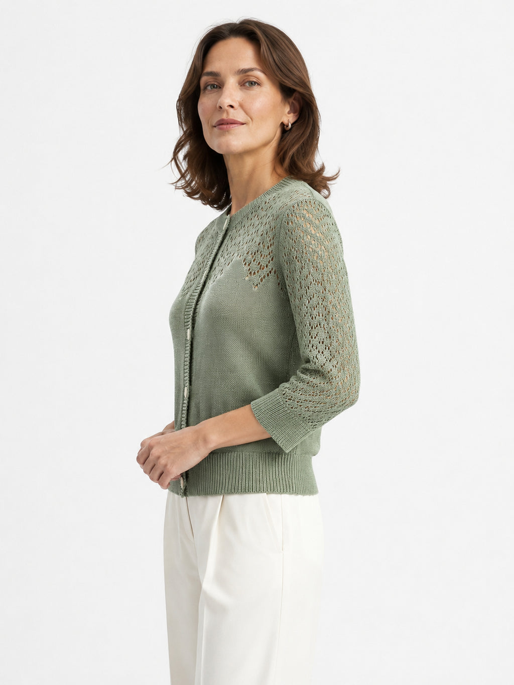 MY023 green openwork round-neck three-quarter sleeve cardigan side model view