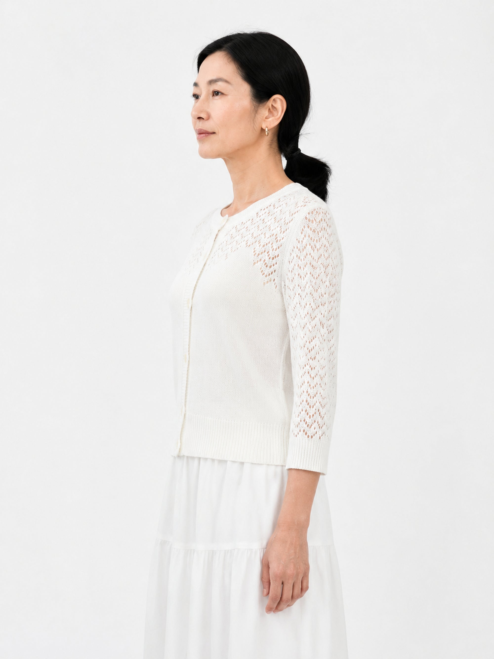 MY023 white openwork round-neck three-quarter sleeve cardigan side model view