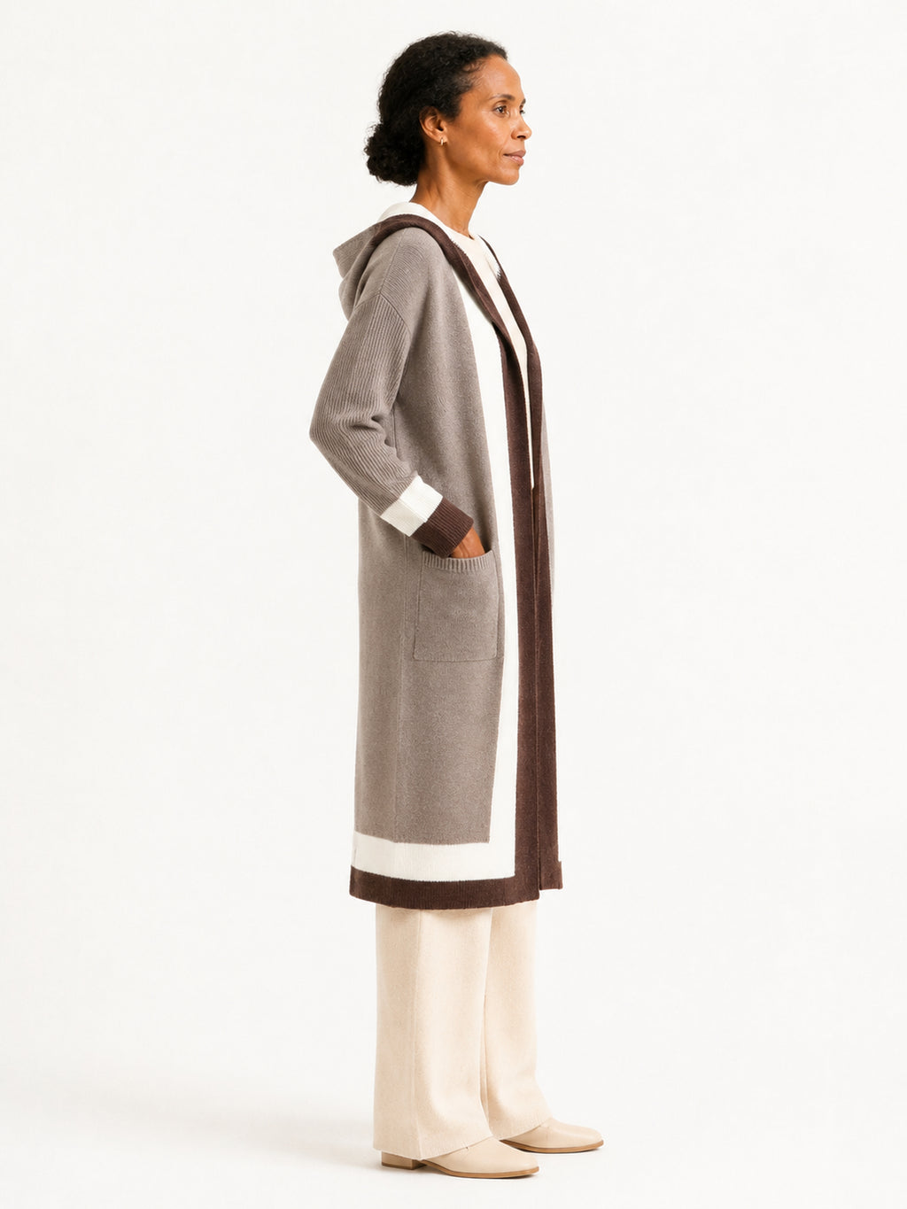 MY004 brown hooded long knit cape cardigan side model view