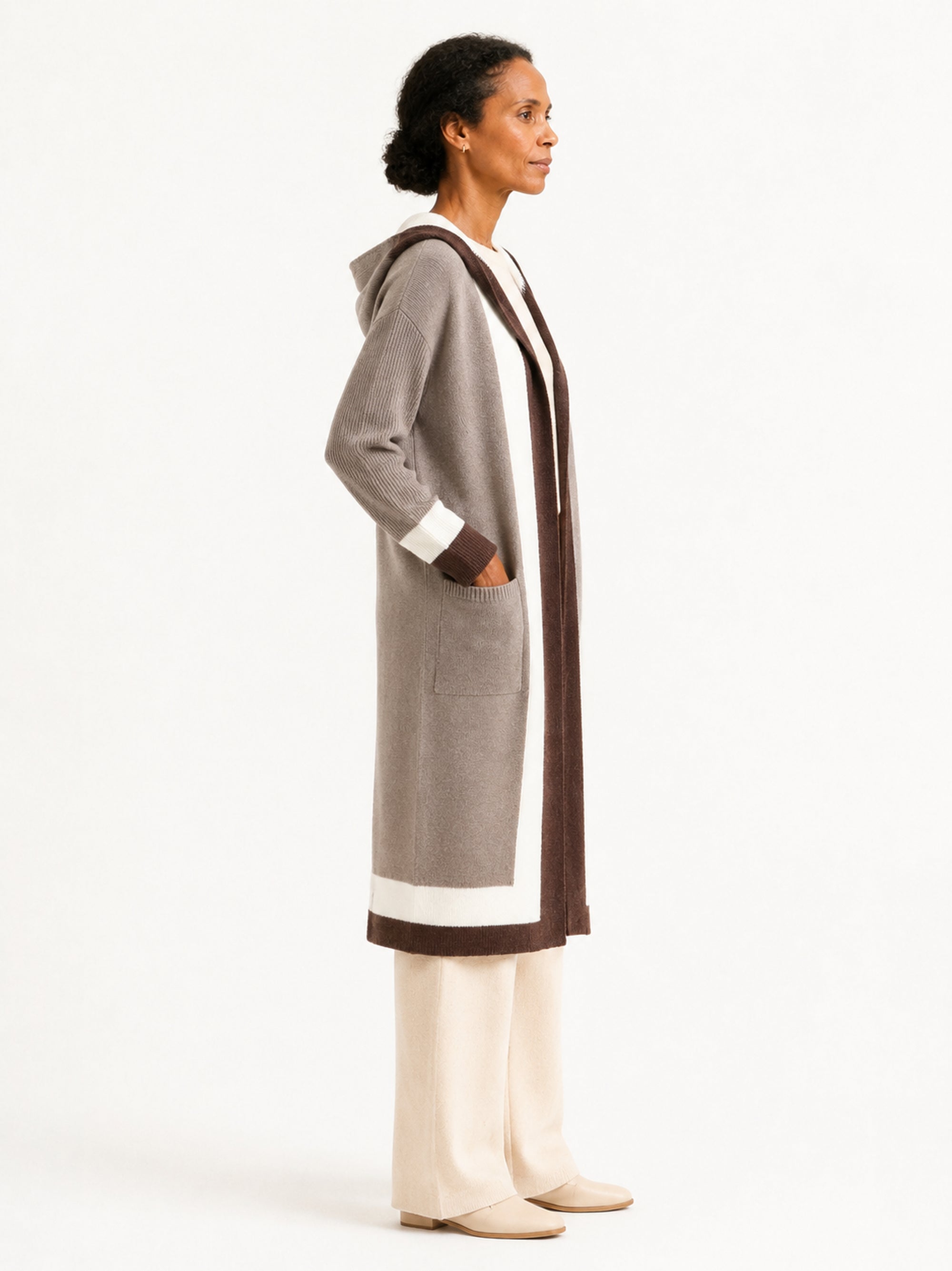 MY004 brown hooded long knit cape cardigan side model view