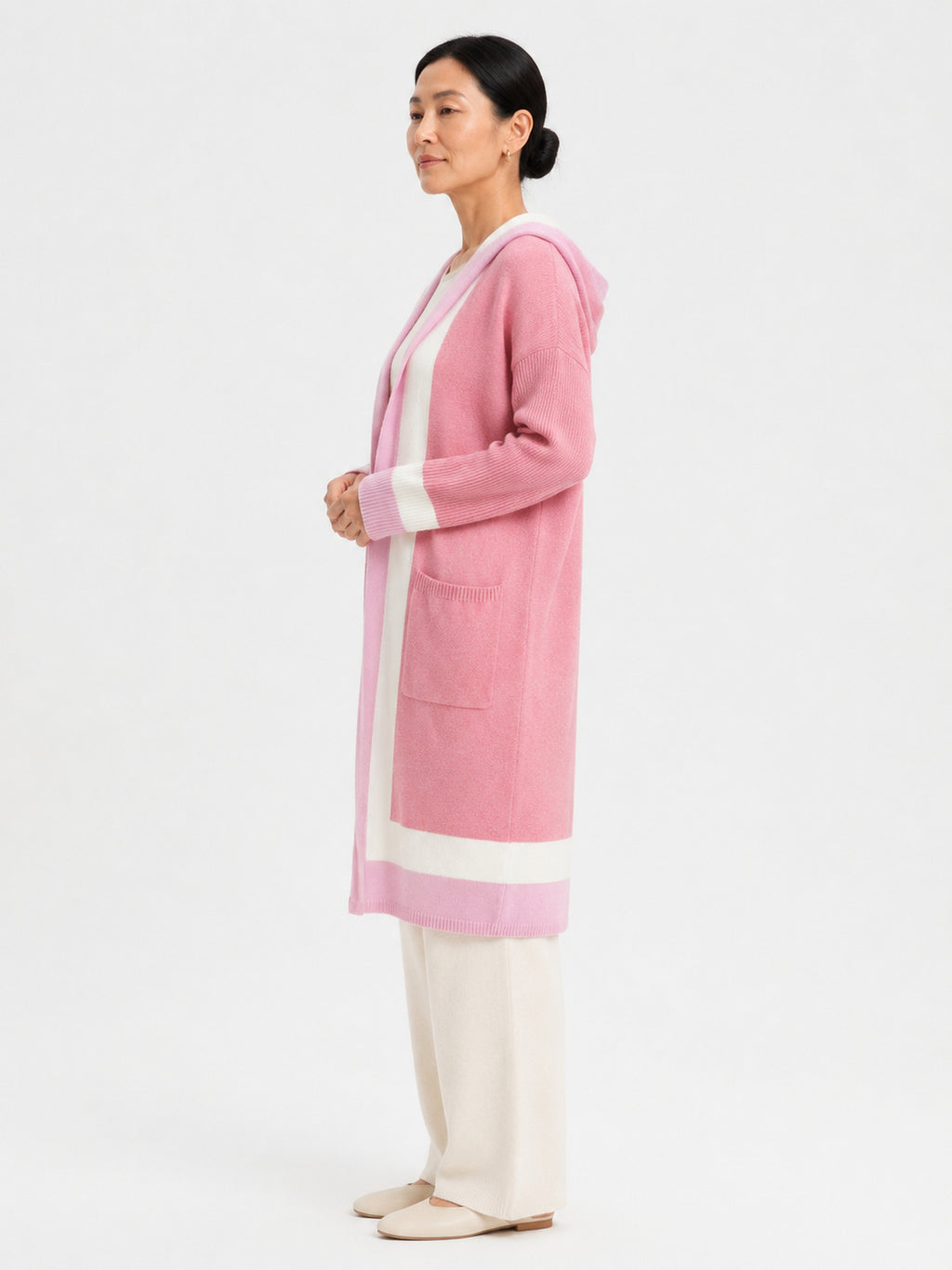 MY004 soft pink hooded long knit cape cardigan side model view