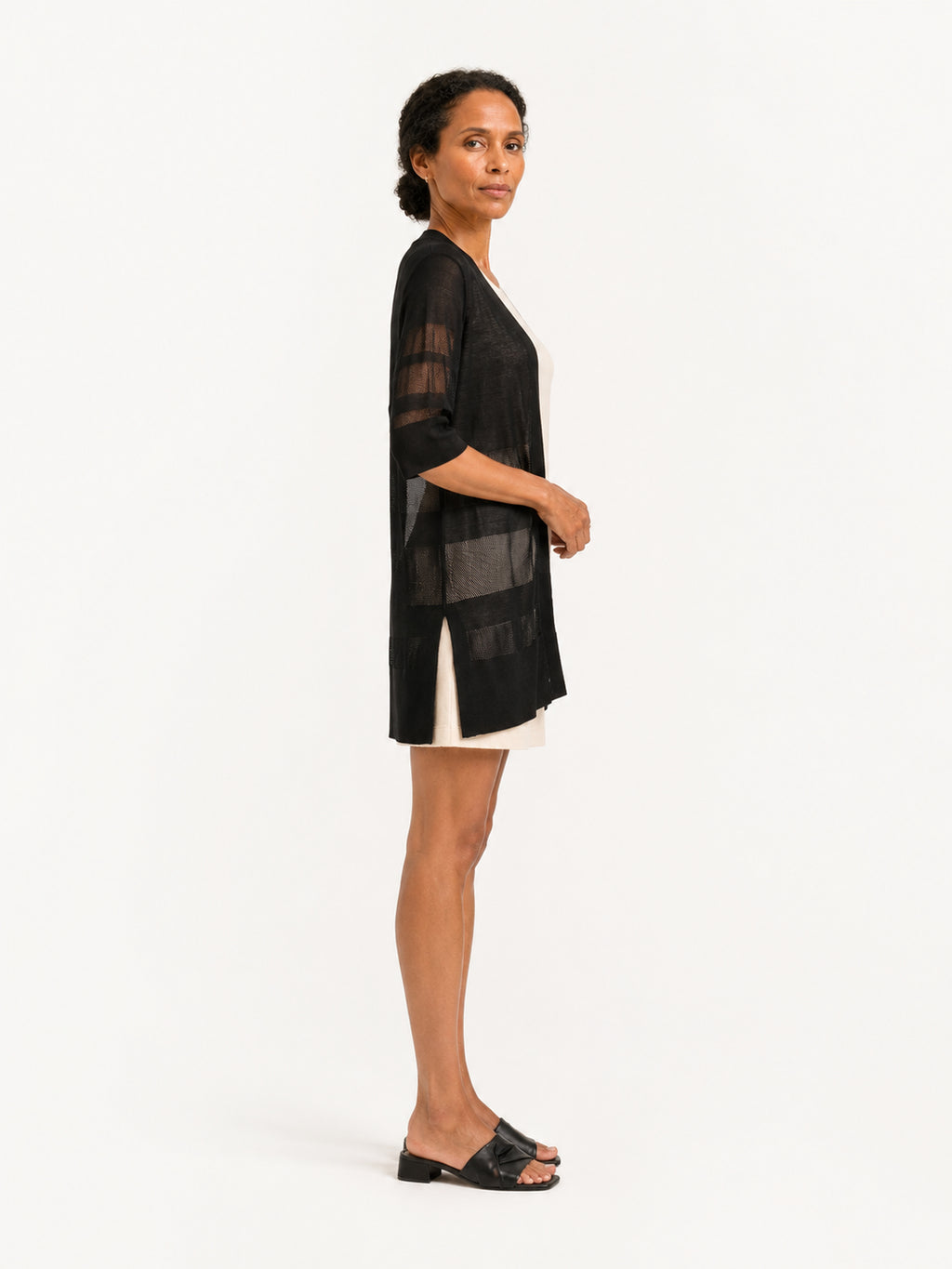 MY022 black long openwork v-neck cardigan side model view