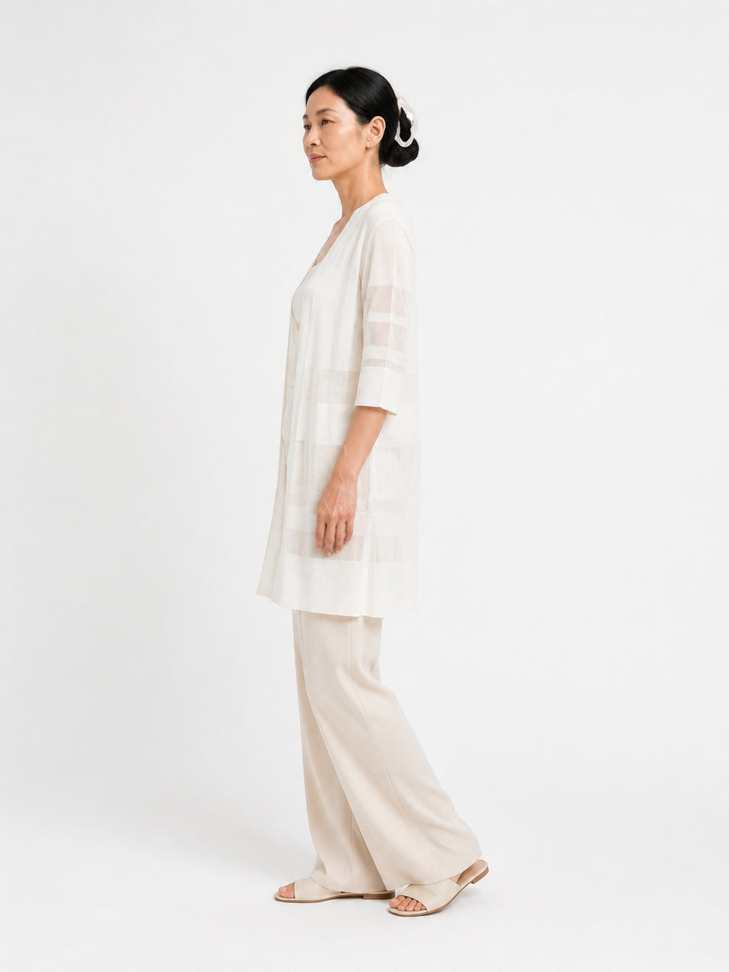 MY022 white long openwork v-neck cardigan side model view