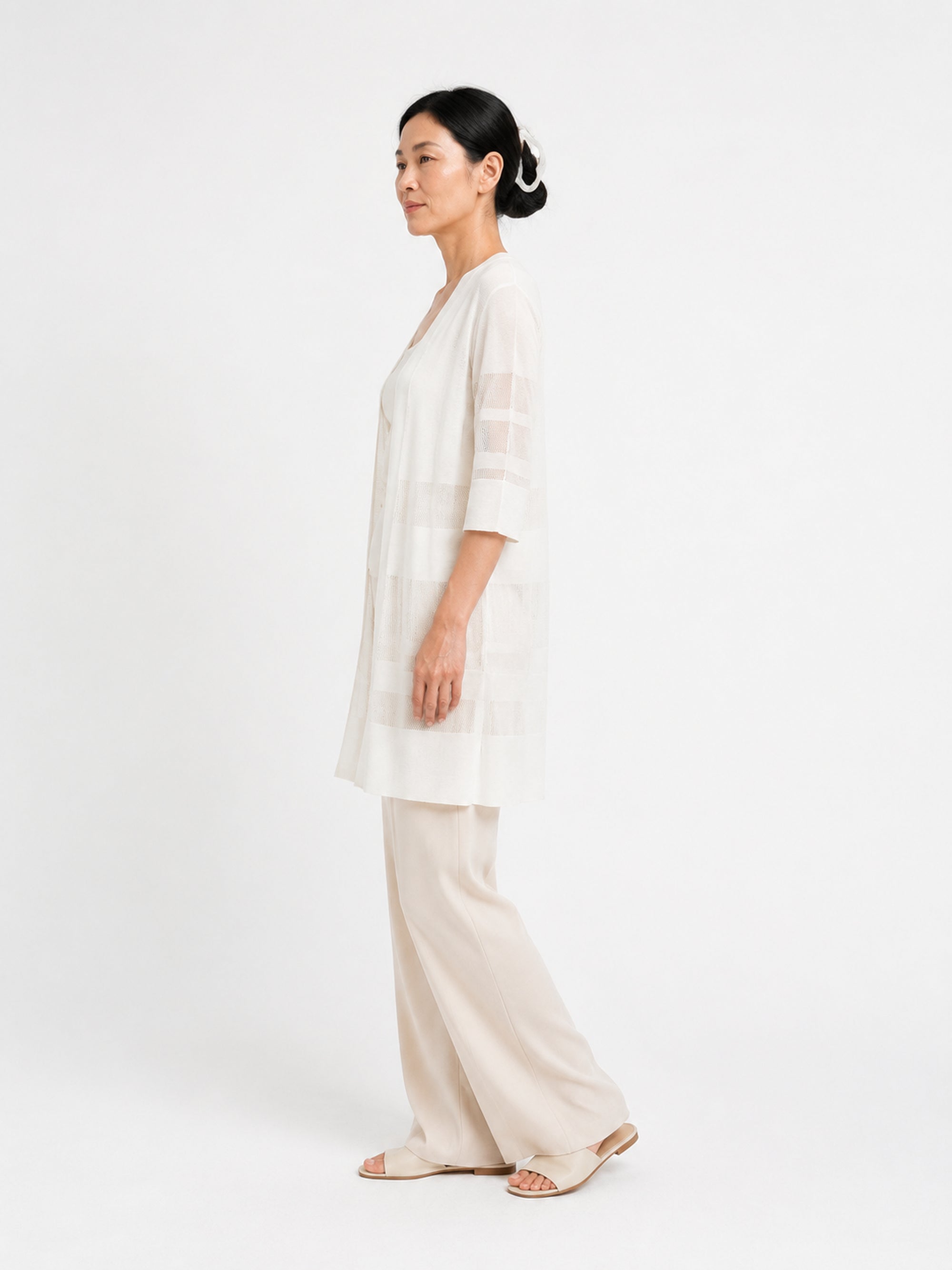 MY022 white long openwork v-neck cardigan side model view