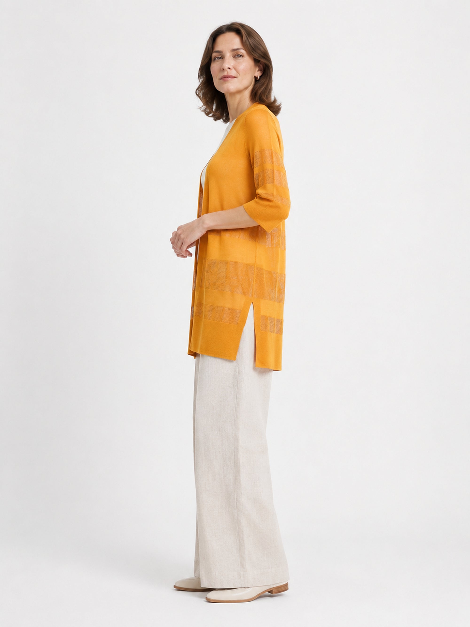 MY022 yellow long openwork v-neck cardigan side model view