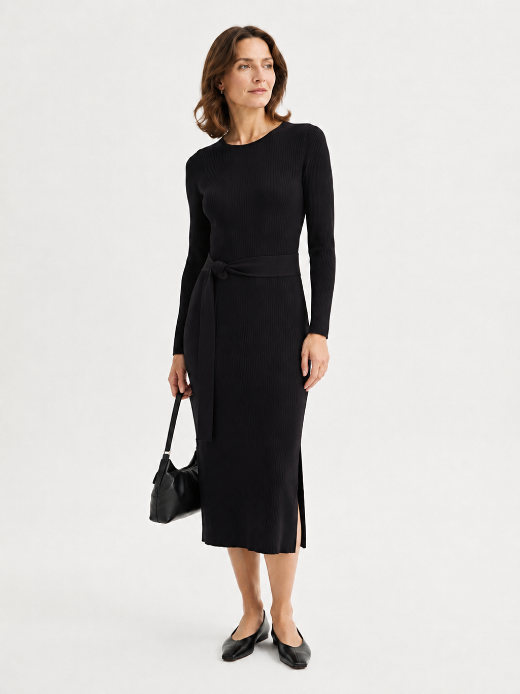 MY012 black ribbed side-slit sweater dress front model view
