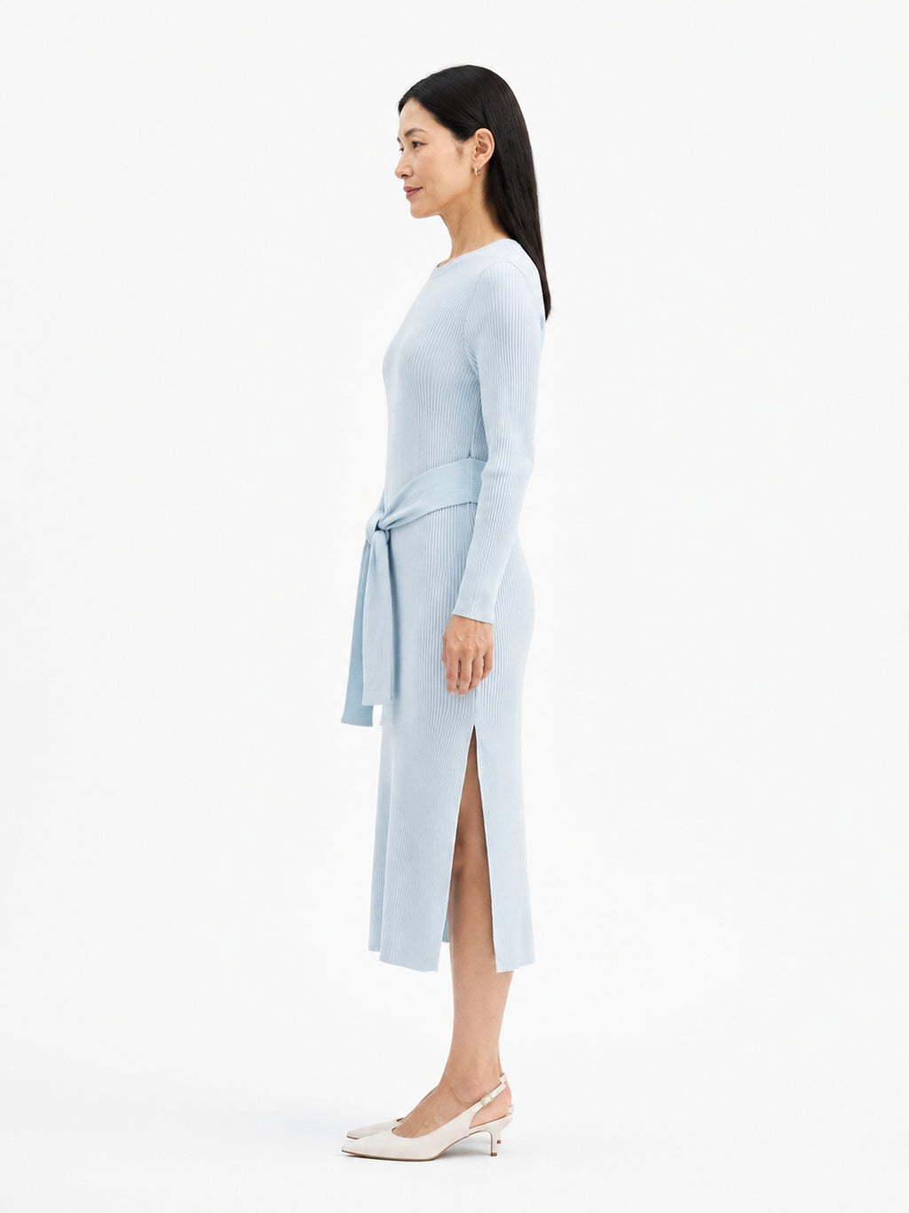 MY012 teal green ribbed side-slit sweater dress side model view